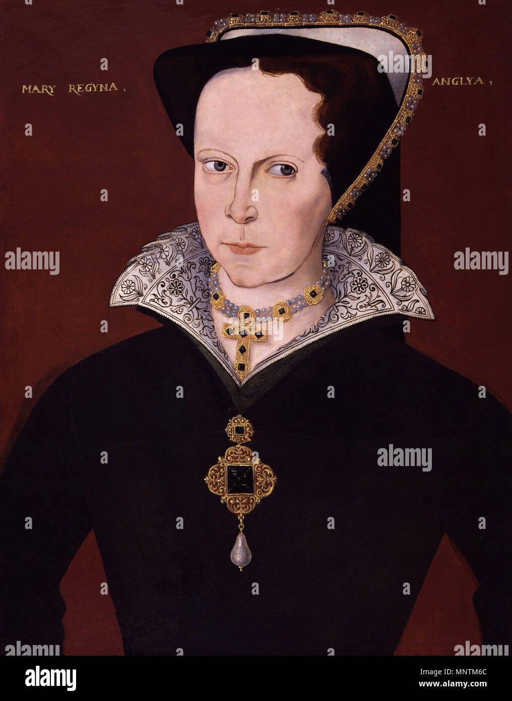 La Reine Marie I . La peinture de Marie I, reine d'Angleterre et l'Irlande. Elle porte un pendentif avec un grand Pearl, un cadeau du roi Philippe II d'Espagne à l'occasion de leur mariage en 1554. La perle est appelé 'La peregrina" (le vagabond) et a été administré par Elizabeth Taylor. Entre 1590 et 1610. 1035 Queen Mary J de NPG Banque D'Images