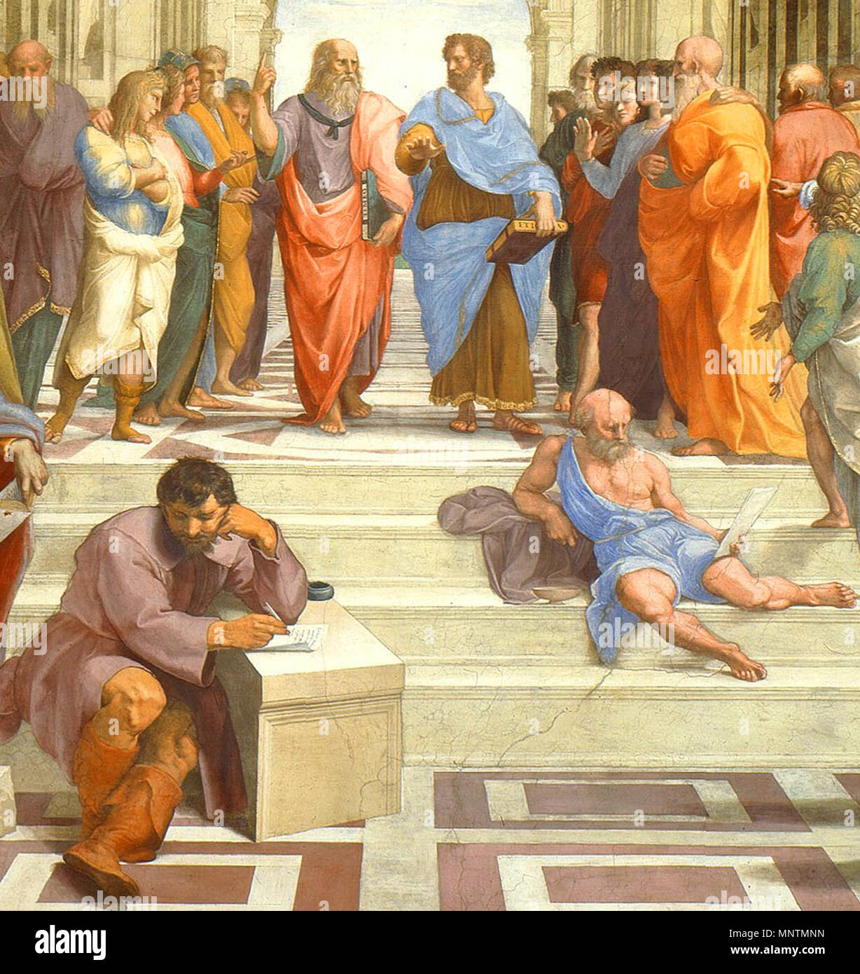 . English : Détail de la fresque " L'École d'Athènes " peinte par Raphaël en 1509 Deutsch : Raffael : Die Schule von Athen (détail). Platon (Aristoteles und hinten), Heraklit und Diogène (vorn) . 1509 (peinture) 2009-10-21 (téléchargement de la version actuelle). ΛΦΠ pour la version actuelle (uploaded on June 21, 2009) 1038 Raffael5 Banque D'Images