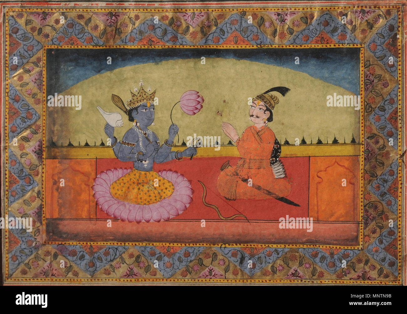 Raja Parikshit assis en face de Vishnu . Anglais : Raja Parikshit assis en face de Vishnu - Inconnu, Miniature Painting, Cachemire - l'École de l'Institut culturel de Google. Pigment naturel sur le papier. 9,8 x 13,6 cm. Cela semble être un folio d'un manuscrit avec des motifs floraux et géométriques des frontières. Le style est Kashmiri avec de minuscules Chiffres et couleurs typiques de l'orange, vert, mauve et bleu formant la plaine des compartiments. C'est le début verset des Bhagvata Purana lorsque Raja Parikshit est venu de Vishnu. . Entre 1801 et 1825. 1040 Raja Parikshit assis en face de Vishnu - Inconnu, Banque D'Images