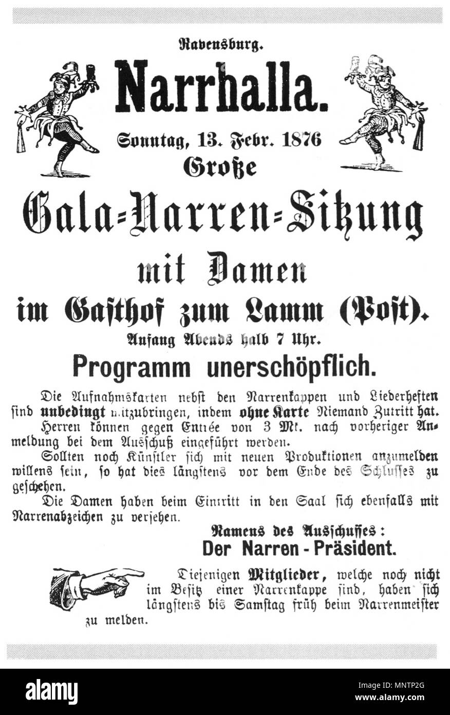 . Ravensbourg, wohl Anzeige der Gesellschaft "Narrhalla" in einer Lokalzeitung (im Buch nicht weiter beschrieben), für eine Languagedeutschenglishfrançais am 13. Februar 1876 . Février 1876. (Auteur anonyme) 1043 1876 Gala-Narren Narrhalla Ravensburg Fastnacht-session Banque D'Images