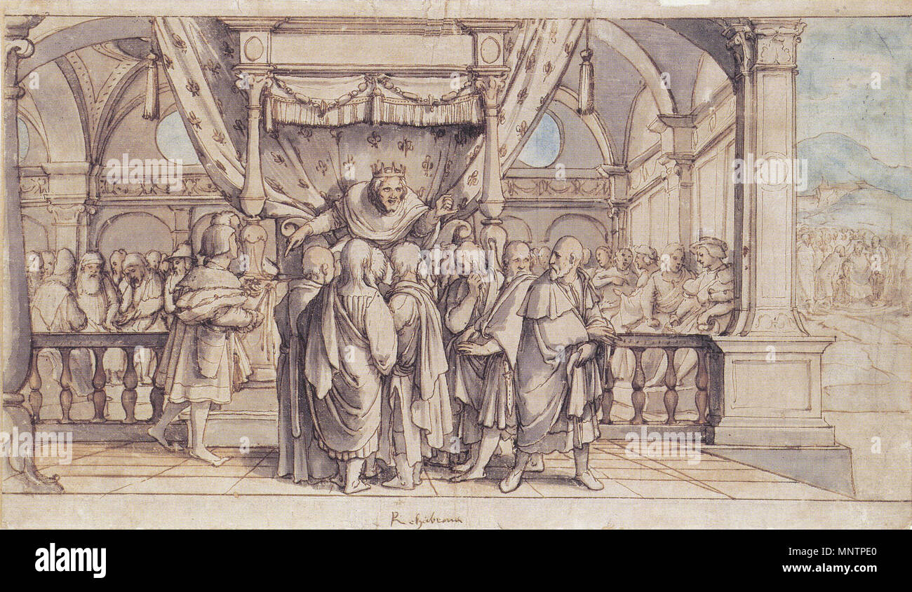 . Anglais : l'Insolence Roboam. Plume et encre brune, pinceau et laver et gris, aquarelle 22,5 × 38,3 cm, Kunstmuseum de Bâle. Holbein a commencé à travailler sur les peintures murales de la salle du Conseil de l'Hôtel de ville de Bâle pendant les années 1520, la peinture des sujets classiques. Après son retour d'une visite de deux ans à l'Angleterre (1526-28), il est chargé de reprendre la tâche, mais cette fois de fournir des murales basé sur des sujets de l'Ancien Testament, en accord avec la nouvelle doctrines de la réforme des autorités. Les peintures murales ont été l'un des grands projets entrepris par Holbein qui sont maintenant connus seulement de quelques fragment Banque D'Images