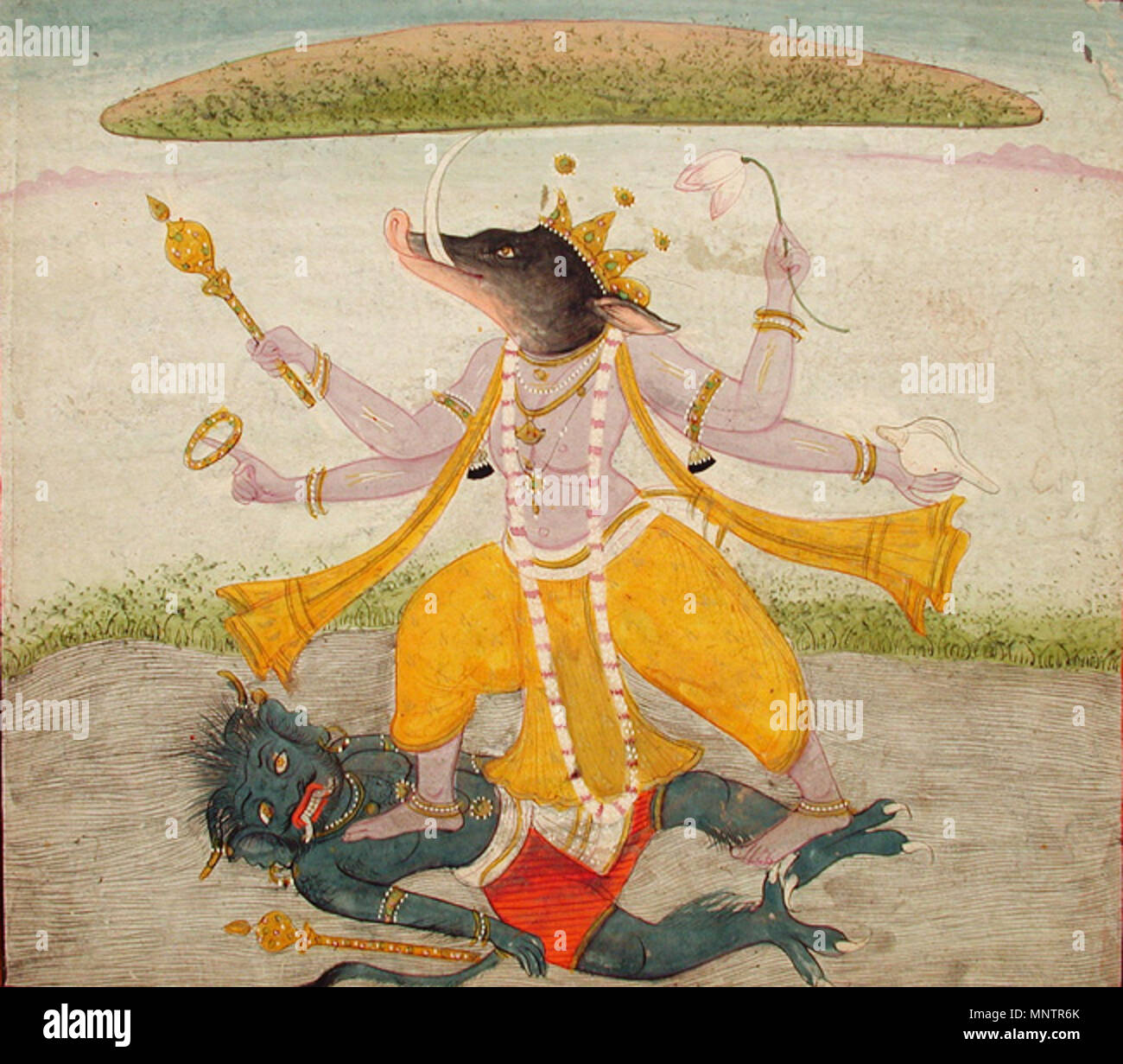 . Anglais : Date de création : ca. Création 1800 Place/Sujet : Inde State-Province : Himachal Pradesh : Cour de l'école : Guler Pahari Media & Support : aquarelle opaque et d'or sur papier dimensions : 6 affichage 27/32 in. x 7 29/32 in. (17,4 cm x 20,1 cm) de la ligne de crédit : Edwin Binney 3ème Numéro : 1990.1243 Collection :  <a href ='http://www.sdmart.org/art/our-collection/asian-art' rel ='nofollow' >Les San Diego Museum of Art </a > . 19 juin 2002, 09:10:01. Anglais : thesandiegomuseumofartcollection 1225 Varaha enregistre la terre (6125131580) Banque D'Images