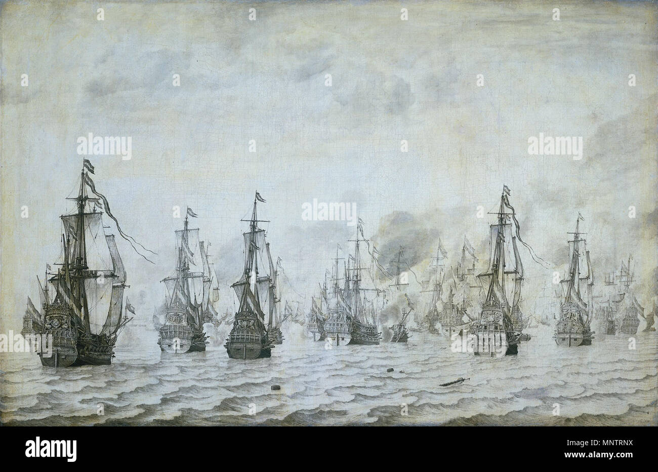 La bataille navale contre les Espagnols près de Dunkerque, le 18 février 1639.[1] TITRE ALTERNATIF(s) : Zeeslag tegen de Spanjaarden bij Duinkerken, 18 févr. 1639 ; overzicht van de schepen voor de aanvang zeeslag v.l.n.r. ont rencontré de 'Rotterdam', de 'Nassau', de 'Prins Hendrik', de 'D&' en de 'Aemilia'.[2] 1659. 1282 Zeeslag bij 18 februari 1639 Duinkerken (Willem van de Velde I, 1659) Banque D'Images