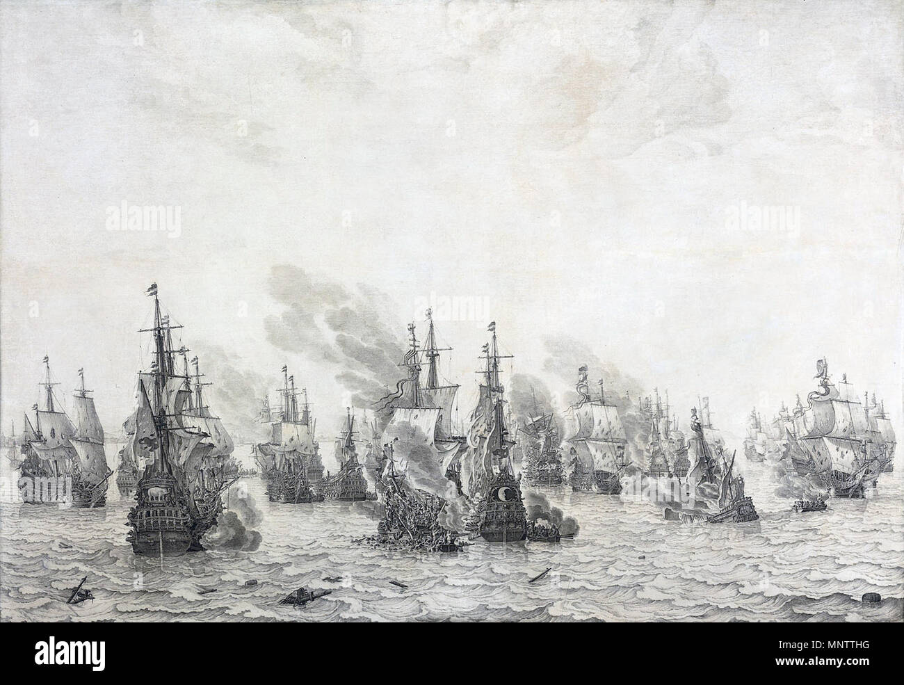 Le Batlle de Livourne, 14 mars 1653 : épisode de la Première Guerre Anglo-néerlandaise (1652-54).[1] TITRE ALTERNATIF(s) : Zeeslag bij de Livourne, 14 maart 1653 ; épisode uit de Eerste Franse zeeoorlog (1652-1654) ; algemeen overzicht van v.l.n.r. a rencontré diverses incidenten o.a. de 'Witte Olifant', de 'moitié Maen', de 'Sampson', de 'Maegd van Enkhuizen' 'en de Zeven Provinciën".[2] vers 1654-1655. 1128 bij de laitier Livourne - Bataille de Livourne (Willem van de Velde I) Banque D'Images