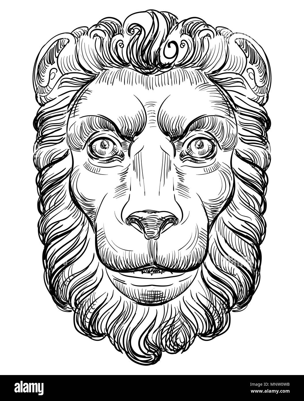 Bas-relief antique sous la forme d'une tête de lion, vector dessin illustration en couleur noir isolé sur fond blanc Illustration de Vecteur