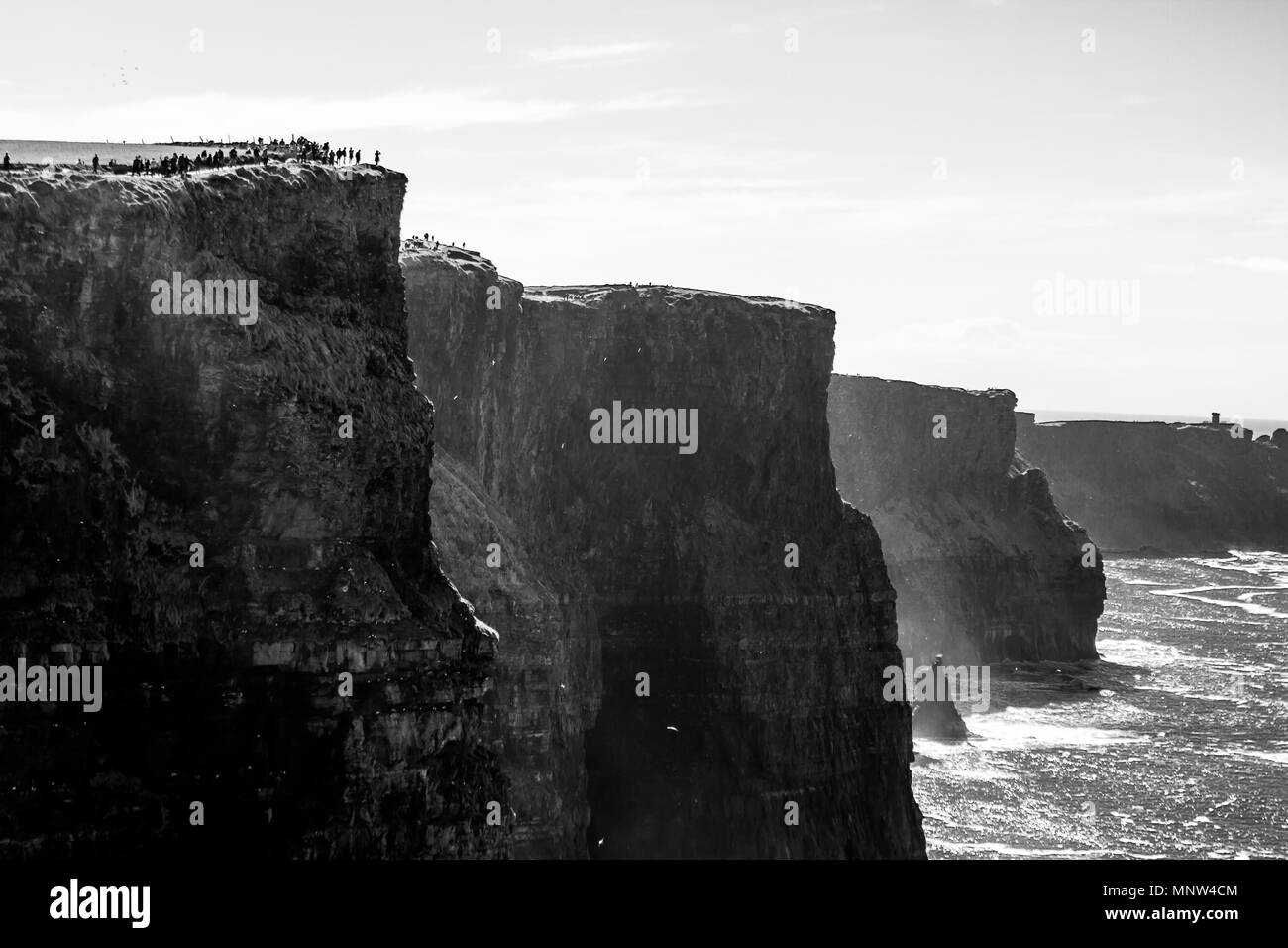 Vue en noir et blanc sur une journée ensoleillée de la parois verticales des falaises de Moher dans le comté de Clare, Irlande Banque D'Images