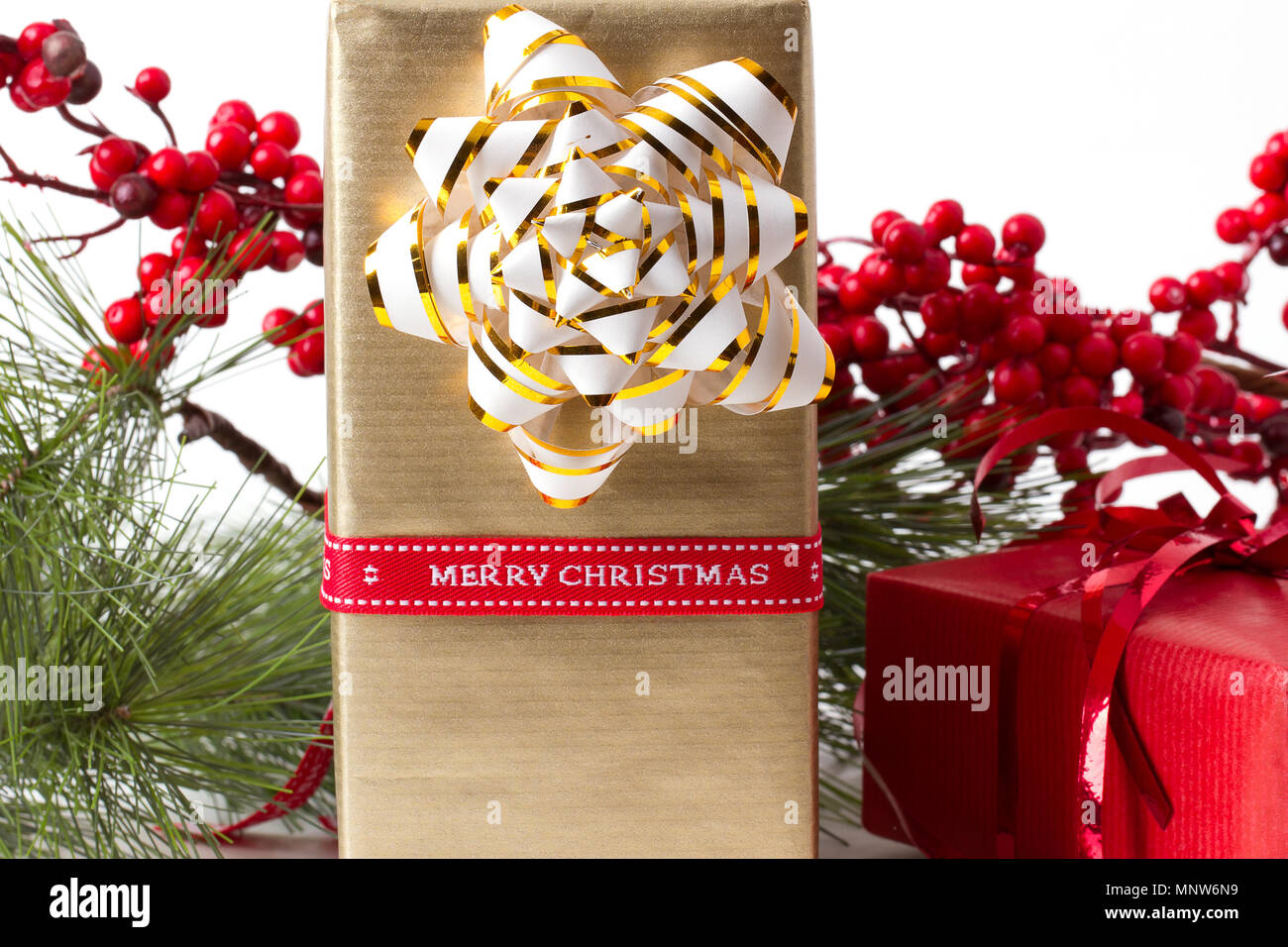 Cadeau de Noël avec la branche firtree rouge Banque D'Images