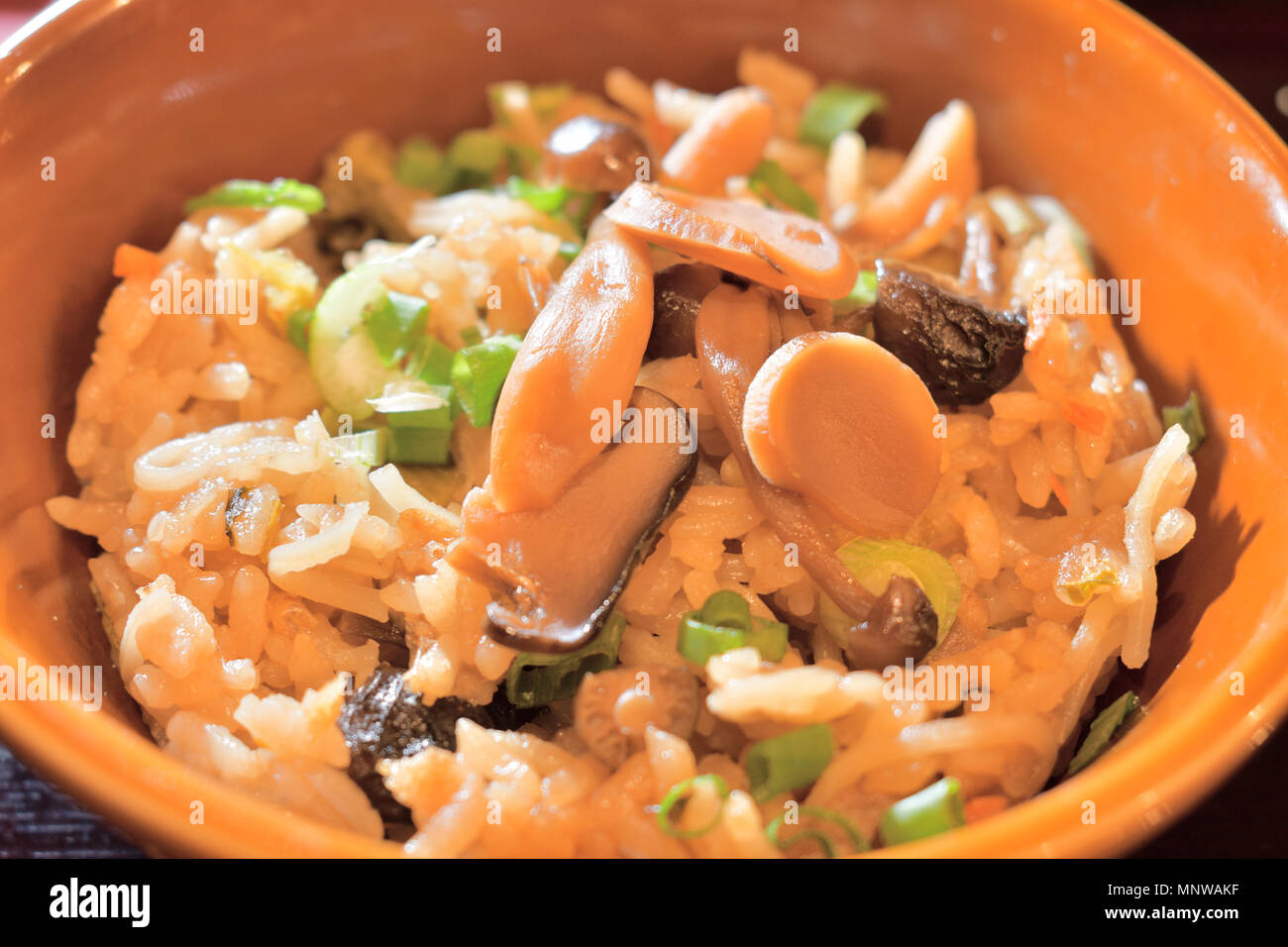 Un bol de riz japonais salé servi avec des champignons tranchés. Banque D'Images