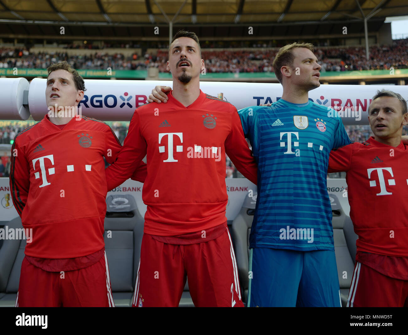 De gauche à droite Sebastian Rudy (FCB), Sandro Wagner (FCB), gardien de but Manuel Neuer (FCB), Rafinha (FCB). GES / football / DFB Pokal : Final : FC Bayern Munich - Eintracht Frankfurt, 19.05.2018 Football / Soccer : DFB : Final : FC Bayern Munich vs Eintracht Francfort, Berlin, 19 mai 2018 | dans le monde entier Banque D'Images