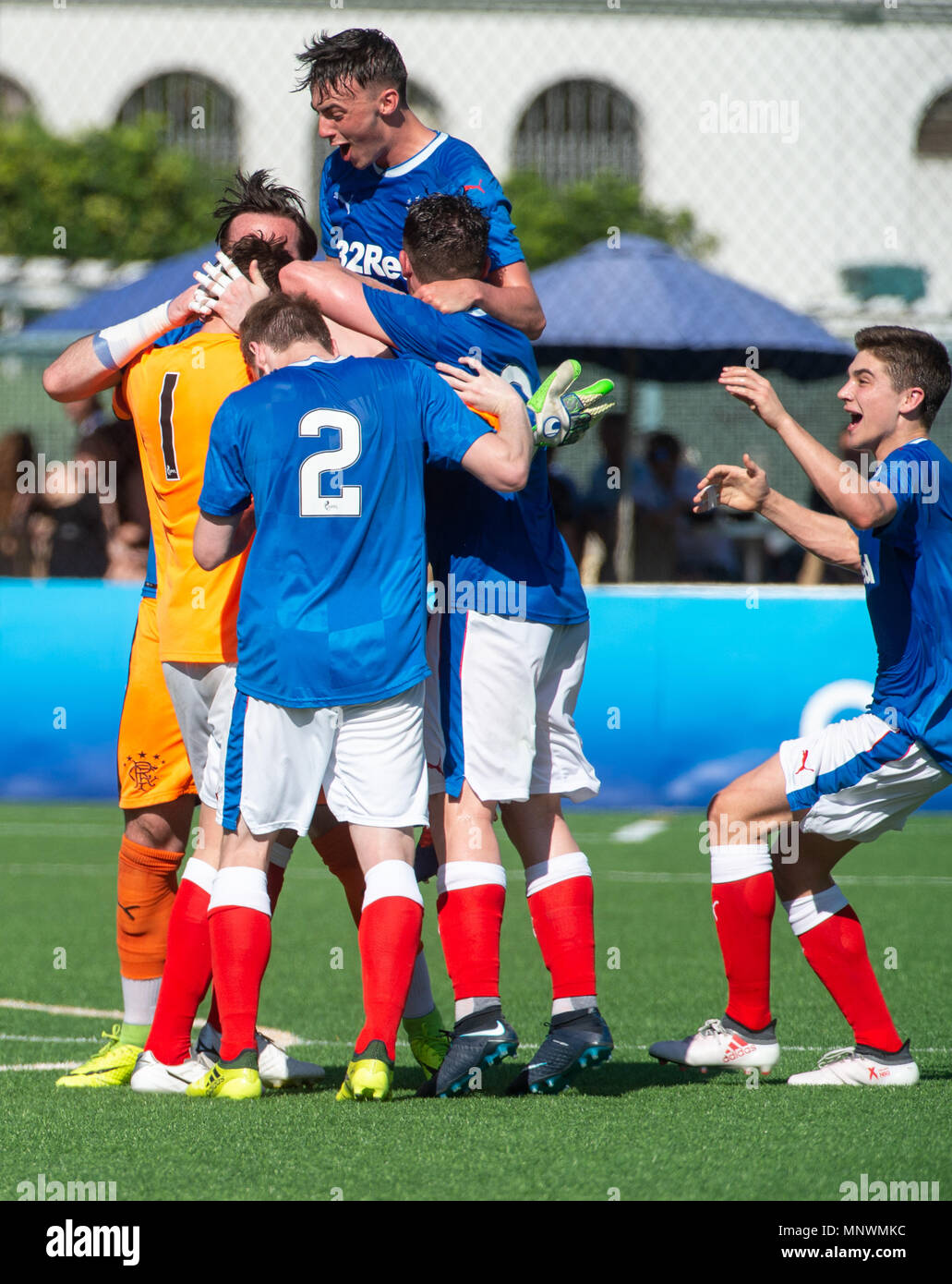 Hong Kong, Chine. 20 mai 2018. Soccer HKFC Sevens 2018 Citi Hong Kong.Glasgow Rangers gagner par un but en or contre Cagliari Calcio 2-1 score à la demi-finale de la coupe. Rangers célébrer atteint la finale à la suite de l'objectif d'or par Andrew Dallas Crédit : Jayne Russell/Alamy Live News Banque D'Images