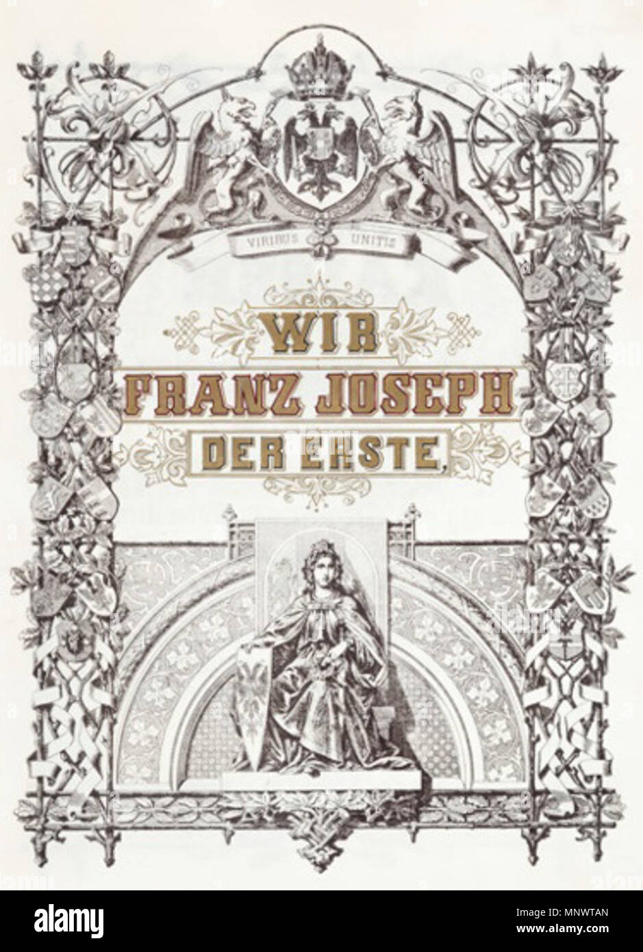 . Deutsch : Seite 1 des Ritterstandsdiploms von Franz Joseph I. (Kaiser von Österreich 1848-1916) für den Garde-Wachtmeister und Franz Ritter von [majeur] Schmid. Ausgestellt Wien, 13. Juli 1892, mit eigenhändiger Unterschrift des kaisers, Gegenzeichnung Ministerpräsident Eduard Graf Taaffe. Pergamentlibell (Format ca. 38 x 28 cm), 7 Seiten, texte de schwarzer Tinte, goldgehöhter mit teils Kalligraphie. Auf 4 Seiten gedruckte Bordüren. Wappendarstellung, gabés farbige Violetter Samteinband goldgeprägter Doppeladlerdarstellung Innenbezüge mit, bräunlicher Moiré-Seide aus. Anhängendes Siegel aus rot Banque D'Images