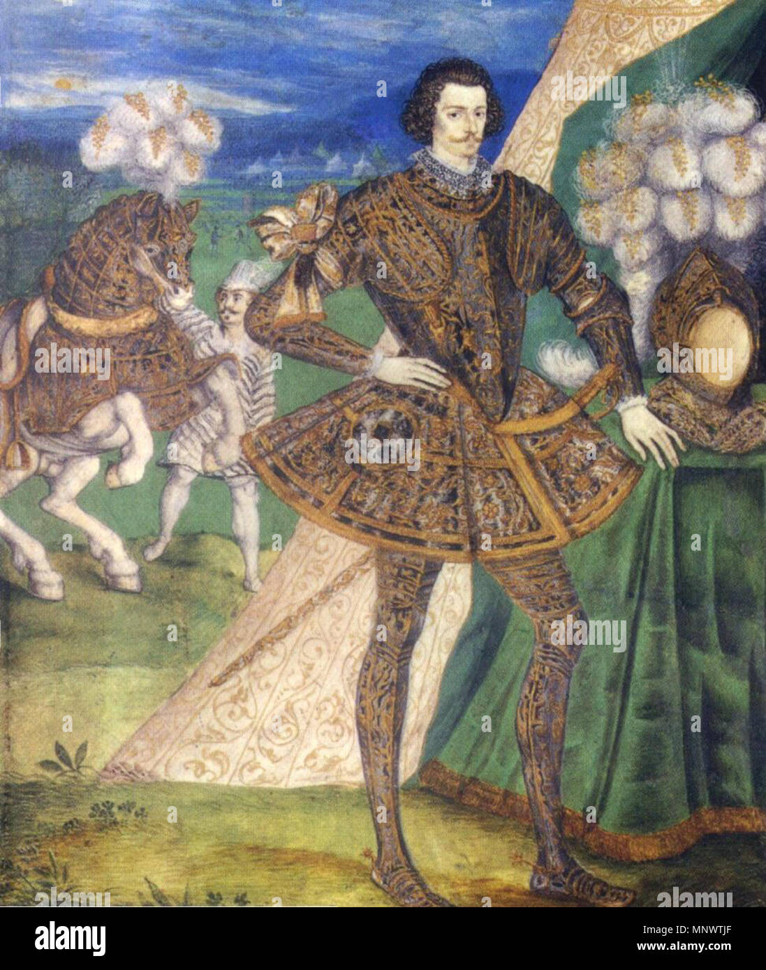 . Robert Devereux, 2 comte d'Essex, en inclinant l'armure. Il porte un gant de femme comme une faveur sur son bras droit ; cette miniature peut commémorer son apparence lors d'un tournoi en 1595 quand Elizabeth I d'Angleterre lui donna son gant. Entre 1593 et 1595. Nicholas Hilliard (1547-1619) peintre anglais Description Date de naissance/décès vers 1547 7 janvier 1619 Lieu de naissance/décès English : Exeter, Devon, Angleterre Londres Londres lieu de travail (1570 - 1576), la France (1576 - 1578) ; London (1578 - 1619) le contrôle d'autorité : Q318114 : VIAF 79202769 ISNI : 0000 0000 8159 2861 ULAN : 500028850 RCAC : Banque D'Images