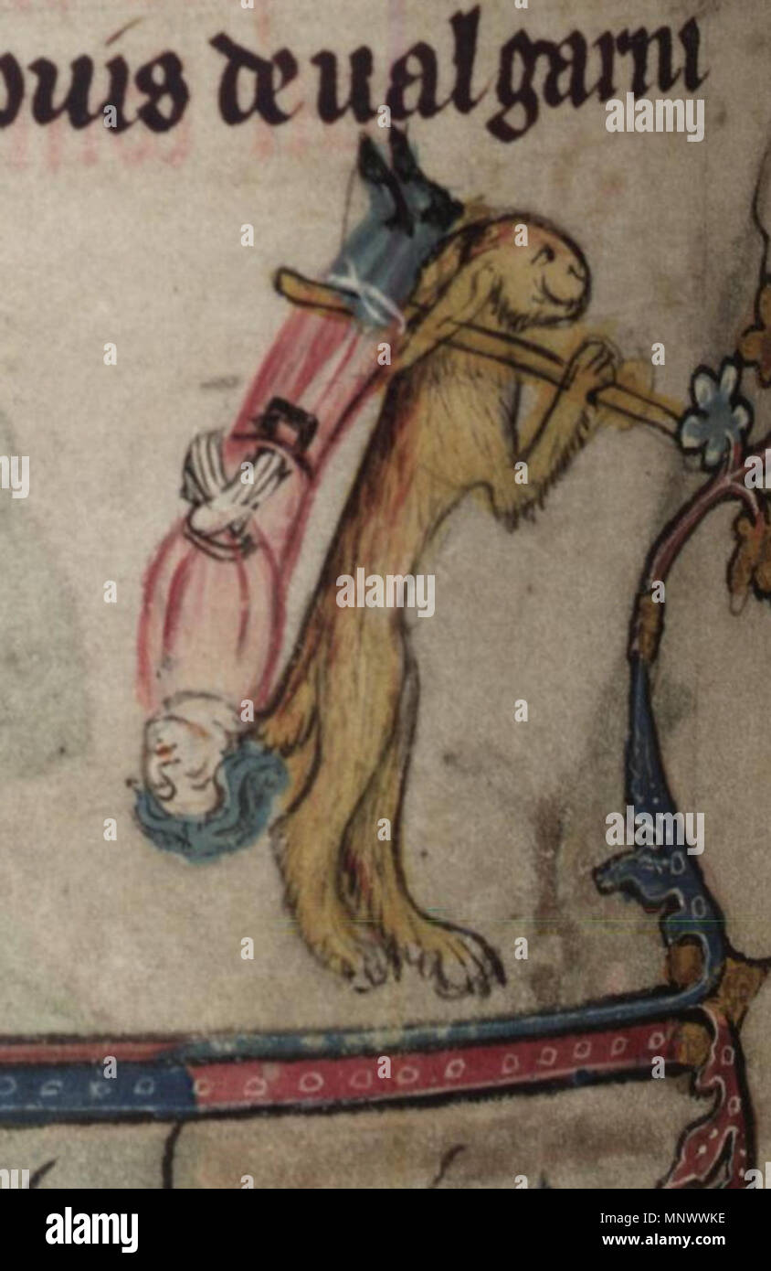 . 'La hunter's doom, ou le monde à l'envers : un lièvre géant s'étire l'arbalète à partir d'un crochet fixé à sa ceinture, un garçon se cache dans un arbre, sous lequel se trouve un lapin ; le lièvre marche arrêt portant un trussed jusqu'à la jeunesse, suspendu la tête en bas à un bâton sur son épaule. Cette section du manuscrit a été rédigé par le scribe en Picardian français, le dialecte de Flandre, en 1338 et par l'enlumineur Tournai Jehan de Grise et son atelier en 1344." Mme Bodleiana 264, fol. 81v . 1344. Jean de Grise Romance 1071 Alexander oxford 81v 2 lièvres Banque D'Images