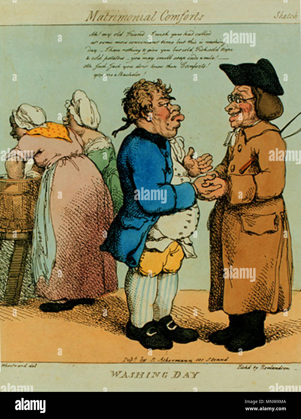 Confort matrimonial - Lave-Jour . 'Ah ! Mon vieil ami, je vous souhaite a appelé à un moment plus approprié mais c'est jour de lavage - je n'ai rien à vous donner mais poisson froid, froid et froid tripes pommes de terre - il y a une odeur de l'eau savonneuse un mille ! Ah Jack, Jack vous ne connaissez pas ces services et équipements mis à votre disposition ! Vous êtes un baccalauréat !' . 1810. 1075 Rowlandson - Lave-jour Banque D'Images