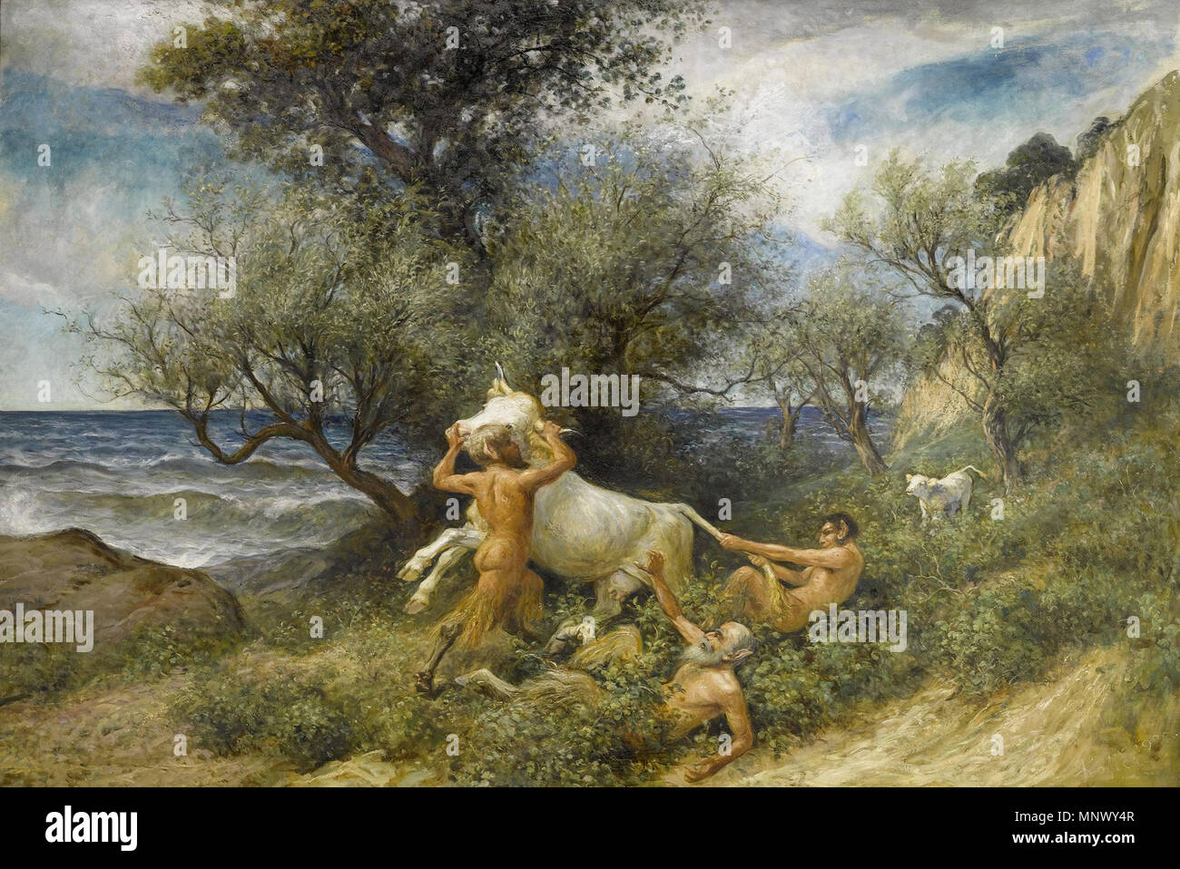 . Drei Faune mit Kuh und Kalb. Öl auf Leinwand. Unten Rechts und datiert : monogrammiert ligiert (RK). 1900. 153,5 x 206 cm. 1900. 1077 Rudolf Koller Drei Faune mit Kuh und Kalb 1900 Banque D'Images