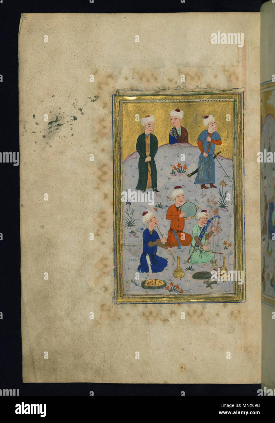 Double-page frontispice illustré . Anglais : Ce folio de Walters manuscrit W.620 est le côté gauche d'une double page illustrée frontispice représentant un banquet dans un paysage. . 9e siècle AH/AD 15ème siècle (période safavide (1501-1722)). 1082 Sa'di - Double-page frontispice illustré - Walters W6202A - Page complète Banque D'Images