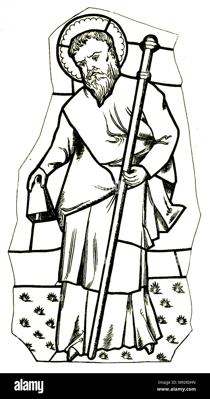 . Anglais : Un 19e siècle croquis d'un 15ème siècle vitrail de Saint image Aelhaiarn à Plogonnec en Bretagne. Le croquis a été fait pour l'Association archéologique cambrienne et a été reproduit dans la vie de l'Baring-Gould Saints britanniques, p. 111. 19e siècle. Vitraux : 15e siècle Bretish Croquis d'artiste : 19th-century British artist 1083 Saint Aelhaiarn Banque D'Images