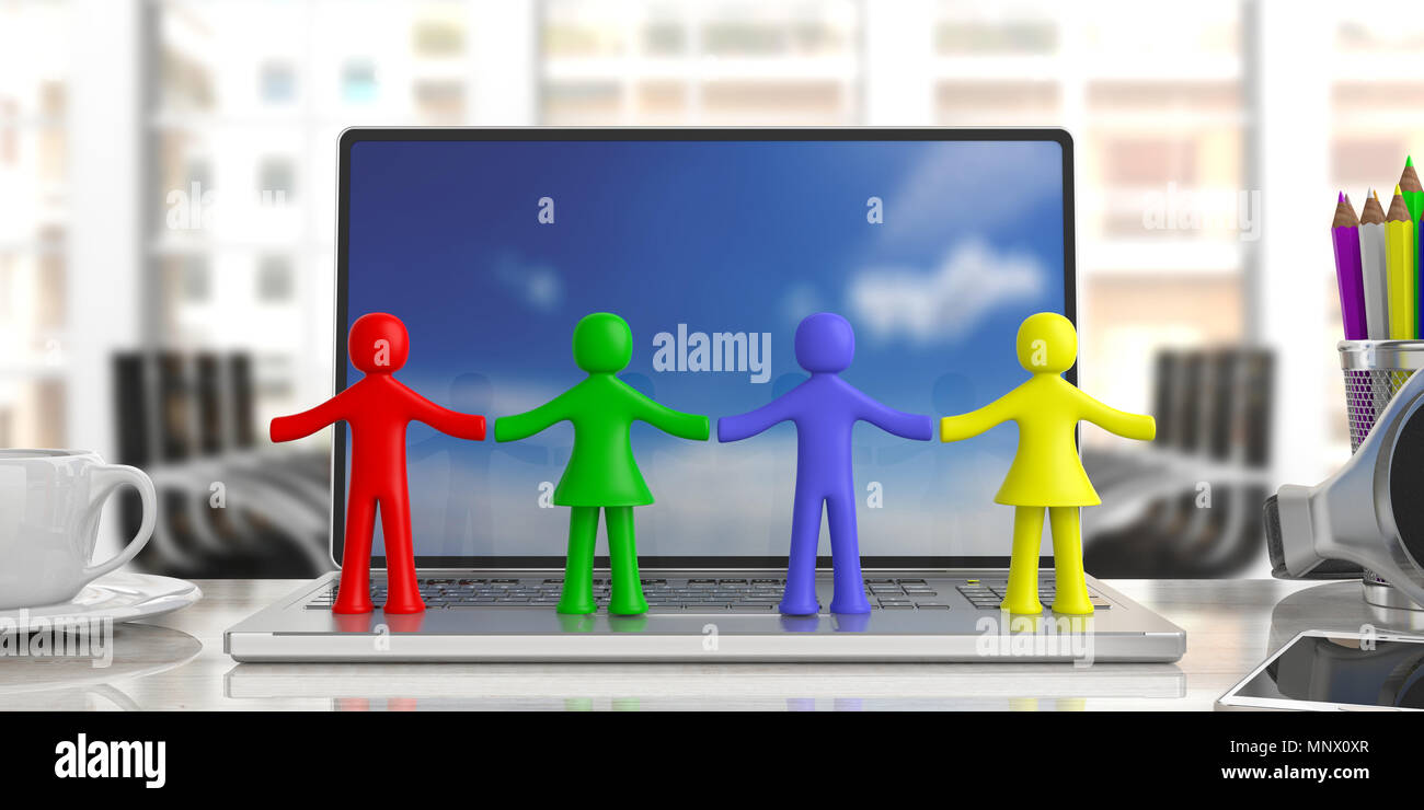 Le travail de l'équipe concept. Quatre figures humaines colorées se tenant la main sur un ordinateur de bureau, le flou d'arrière-plan d'affaires. 3d illustration Banque D'Images