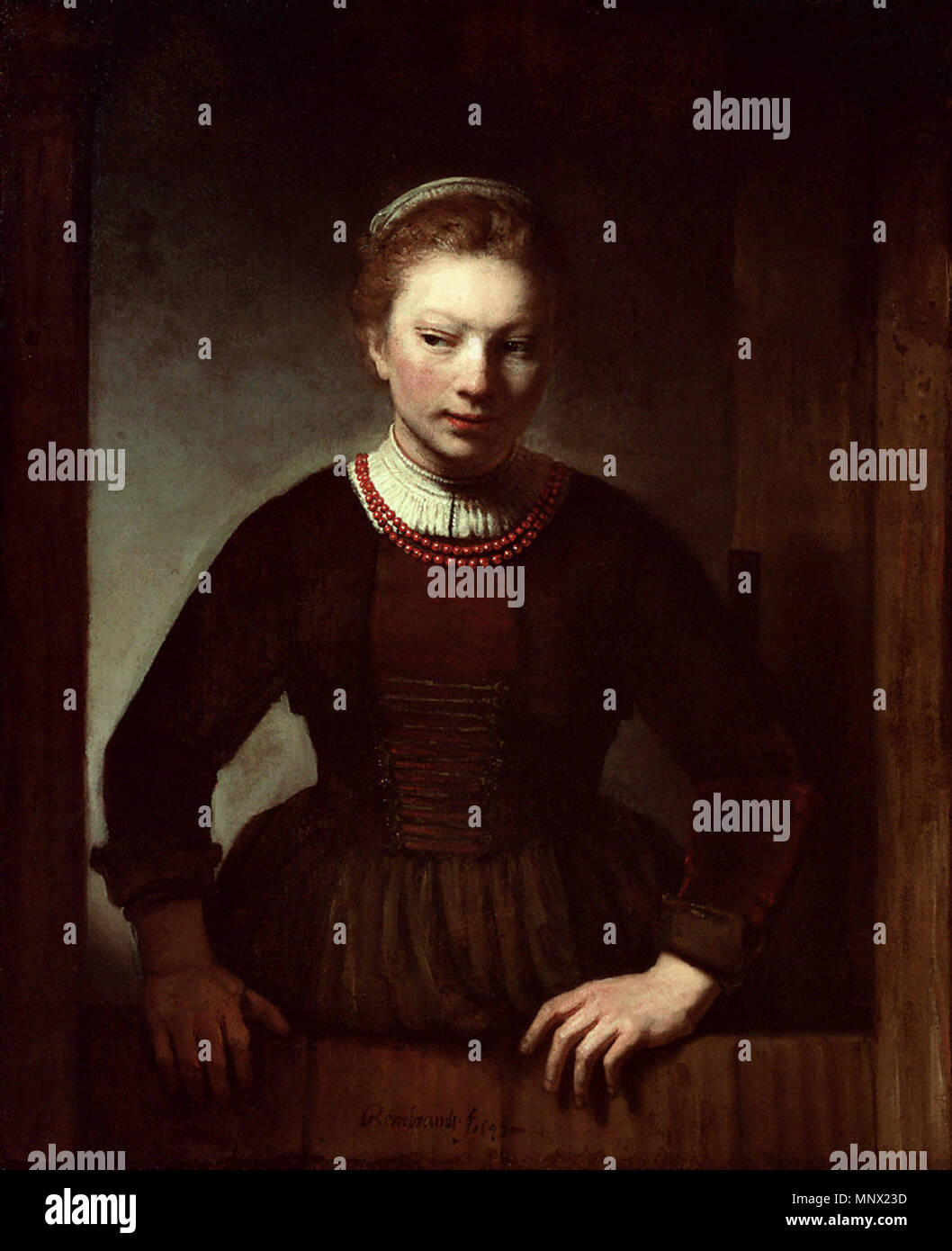 Femme à une porte coupée 1645. 1089 Samuel van Hoogstraten - Vrouw bij een half open lettres Banque D'Images