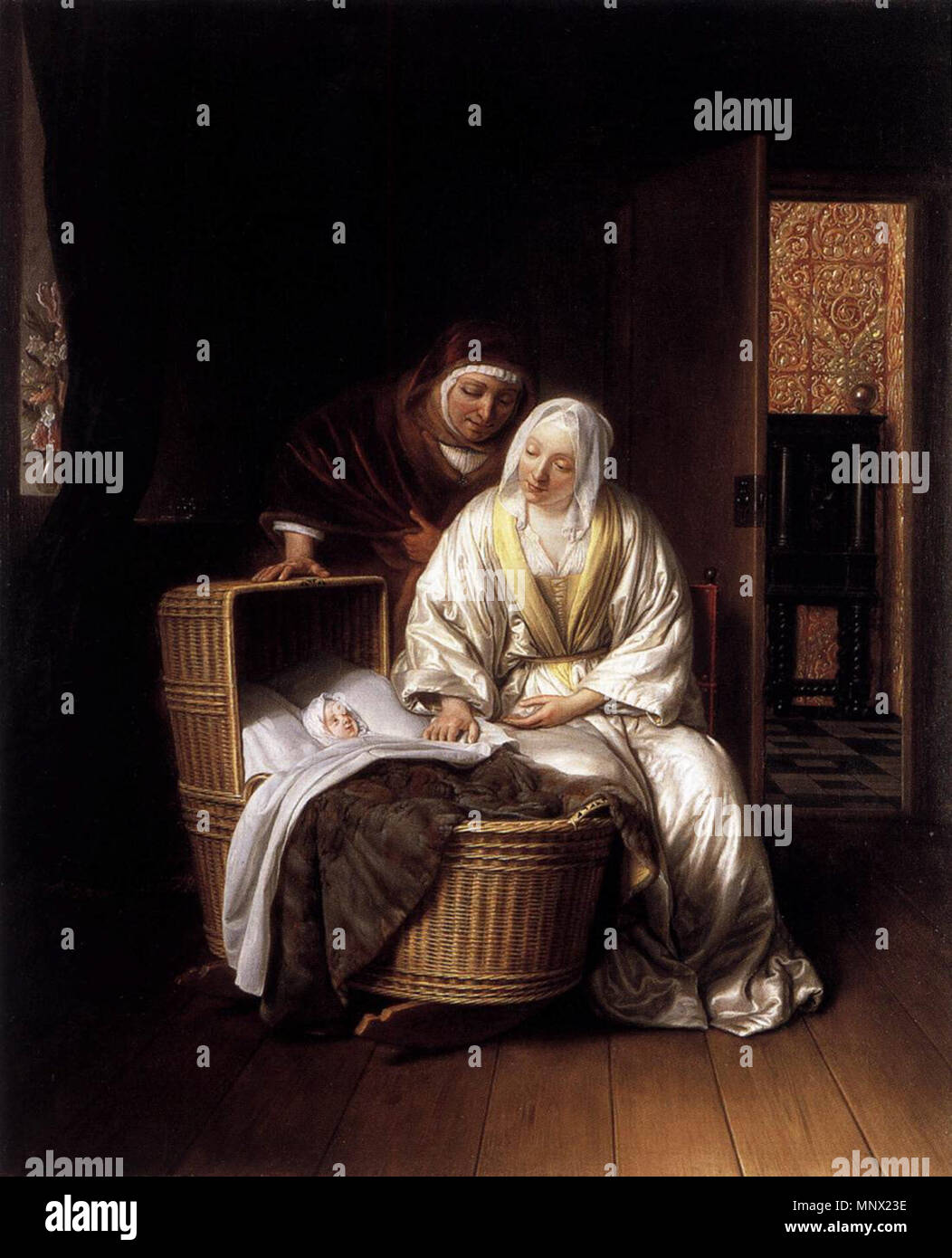 Deux femmes par un berceau de 1670. 1089 Samuel van Hoogstraten - deux femmes par un berceau - WGA11722 Banque D'Images