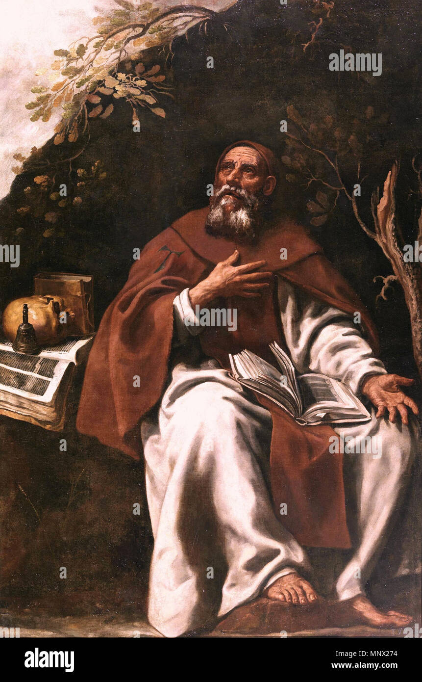 Espagnol : San Antonio Abad Saint Antoine le Grand . Español : La obra représenta un San Antonio Abad, y el Santo se halla de espaldas junto a un arborea y con un libro abierto sobre sus rodillas, mientras que mano derecha descansa sobre su pecho y su cabeza está elevada en orante actitud y contemplativa. . 17e siècle. 1090 San Antonio Abad (Museo de El Greco, Toledo) Banque D'Images