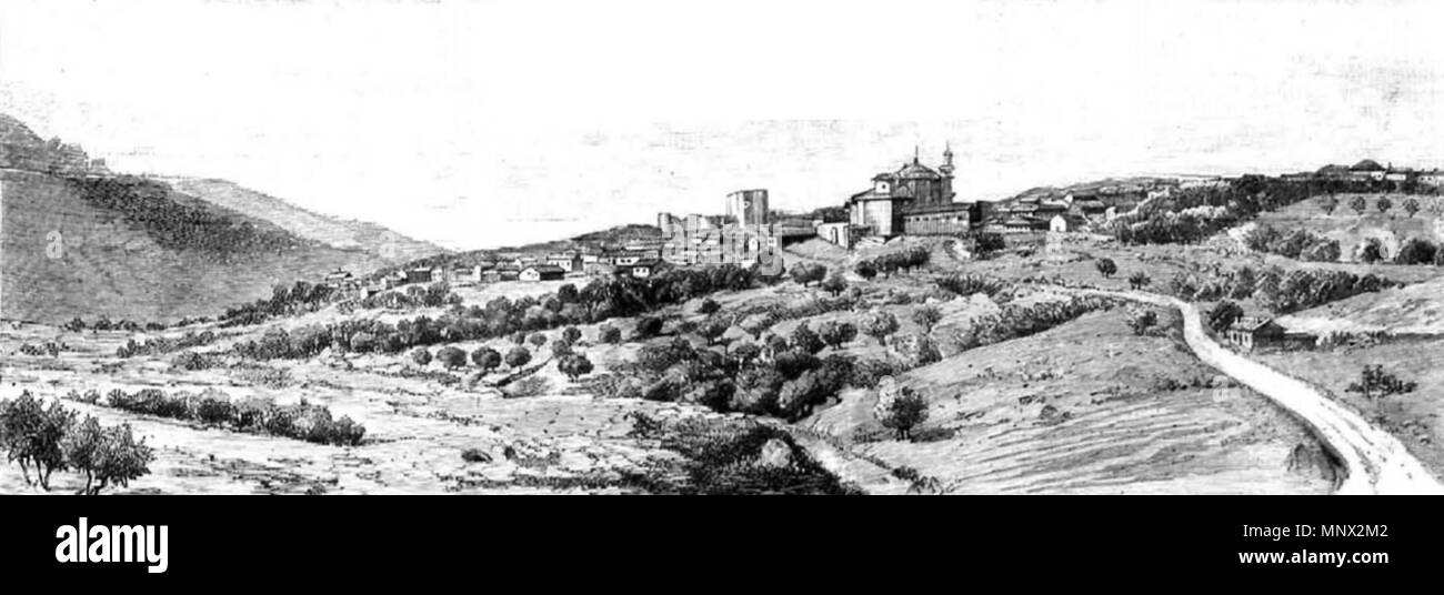 . Español : Vista panorámica de San Martín de Valdeiglesias (Madrid, España). Gravure publicado por La Ilustración Española y Americana en 1892. 8 juillet 1892. Salcedo 1091 San Martin de valdeiglesias gravure Banque D'Images