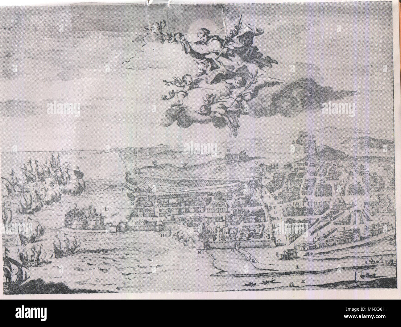 . Anglais : gravure avec Licata, en Sicile, protégé par Saint Angelo de Jérusalem en haut. Dessin de Sebastiano Conca, 1765. 1765. Sebastiano Conca, Sant 1093 angeloLicata Banque D'Images