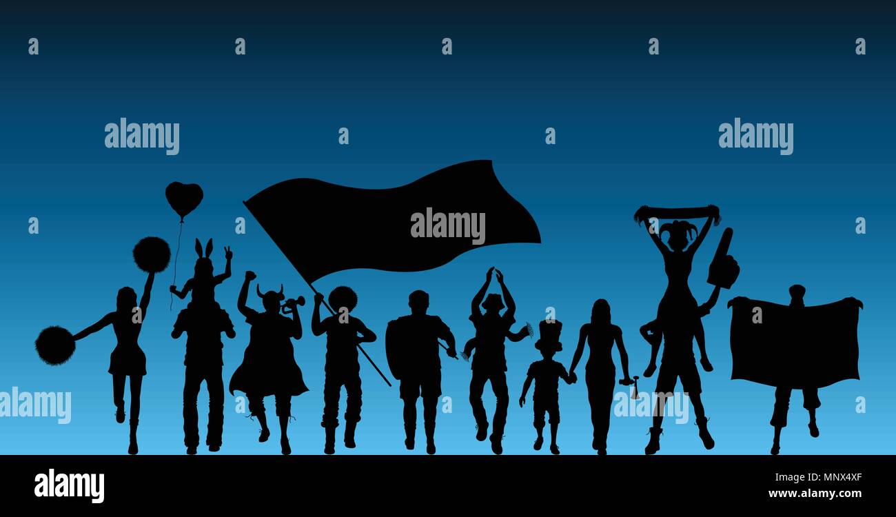 Supporteur Sport silhouette en face de ciel nocturne. Tous les objets et quatre silhouettes sont dans des couches différentes. Illustration de Vecteur