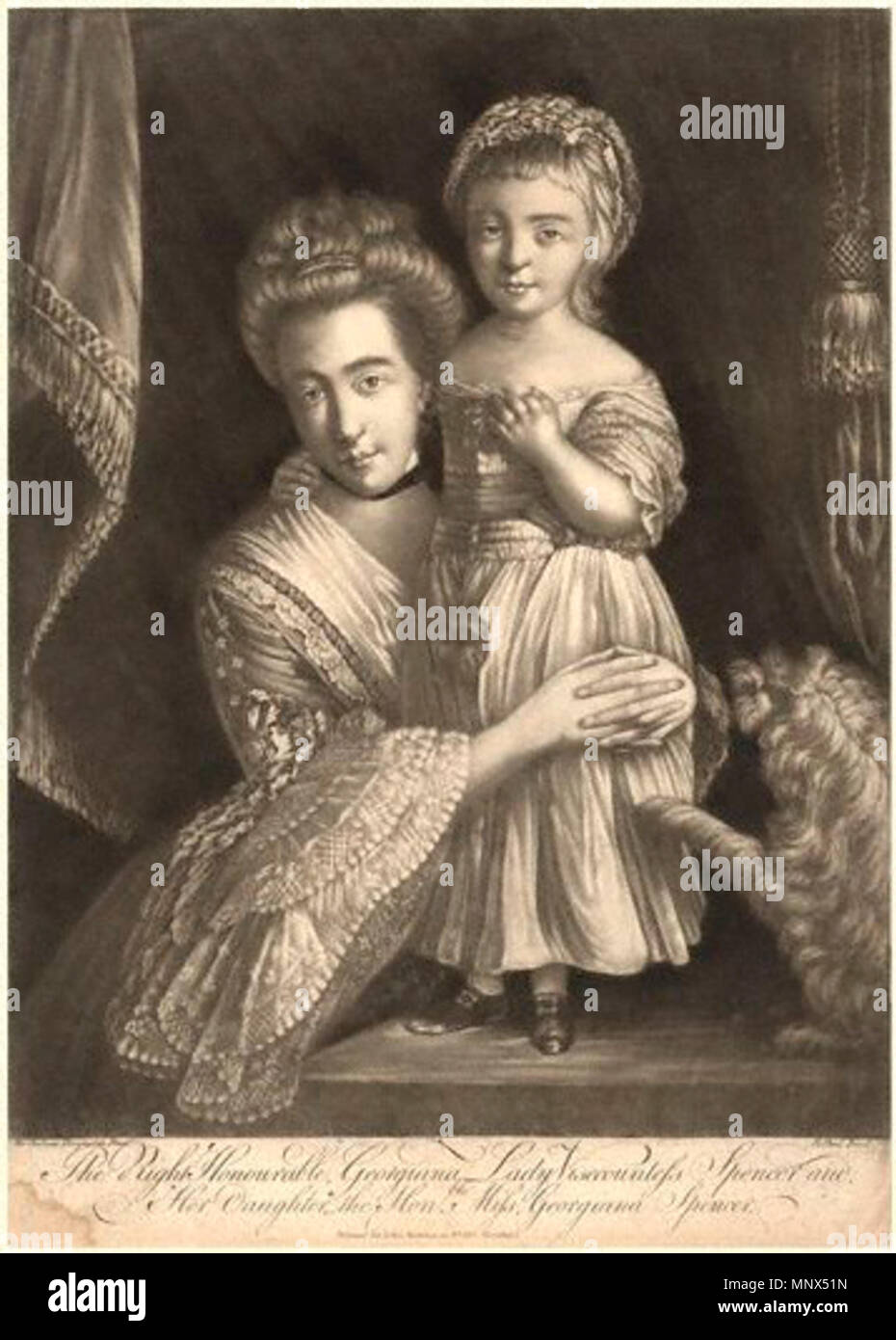 Par J.S. après ; Paul ; Sir Joshua Reynolds,print,publié 1771 ou après .  Anglais : Margaret Georgiana, comtesse Spencer avec sa fille Georgiana,  selon la source. La légende dit qu'il s'agit de