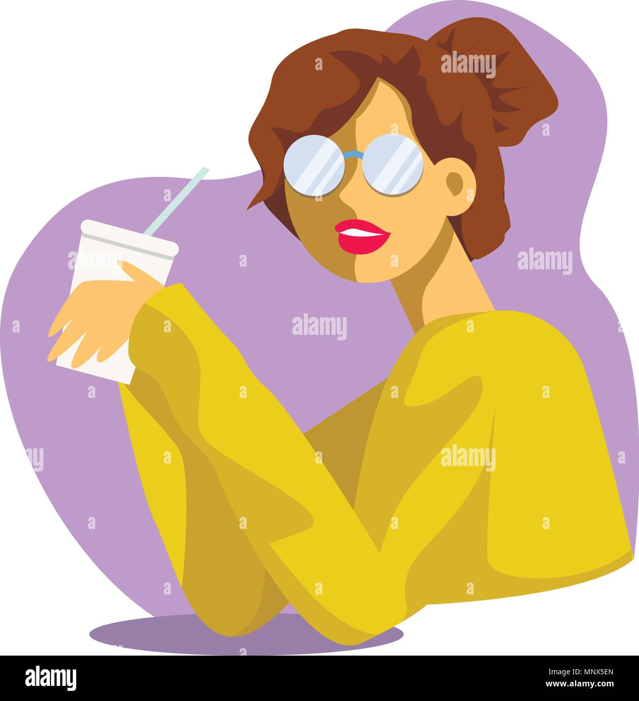 Vector cartoon illustration créative. Jeune femme boit de soude ou molkshake au bureau. Girl à lunettes. Illustration de Vecteur