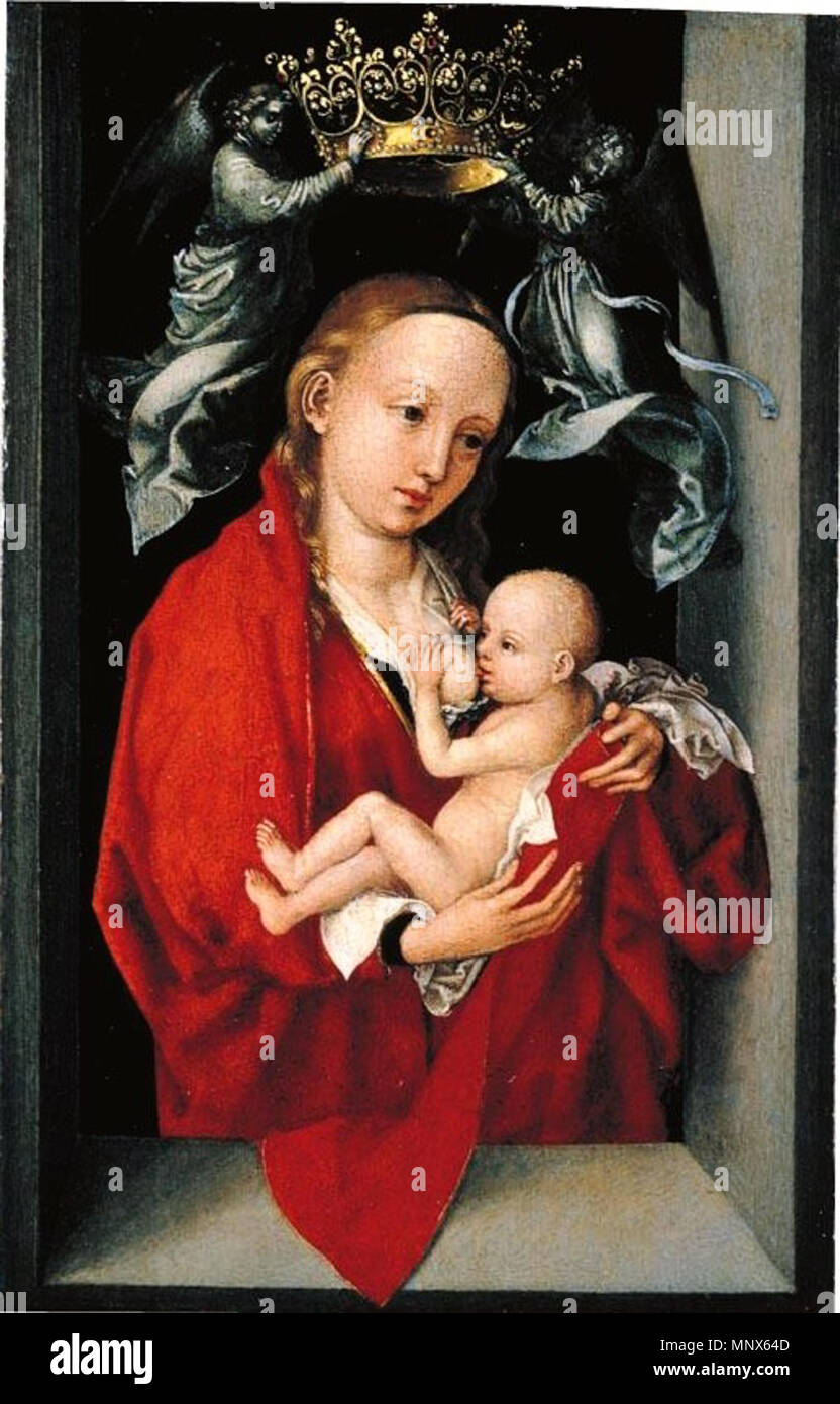 'Maria' Lactans, La Vierge à l'enfant couronnée par des anges / La Vierge à l'enfant couronnée par les anges, dans une fenêtre meurtrière vers 2018 1470-1475. 1105 Martin Schongauer - Madonna Genre und mit Engeln (Compton Verney Art Gallery) Banque D'Images