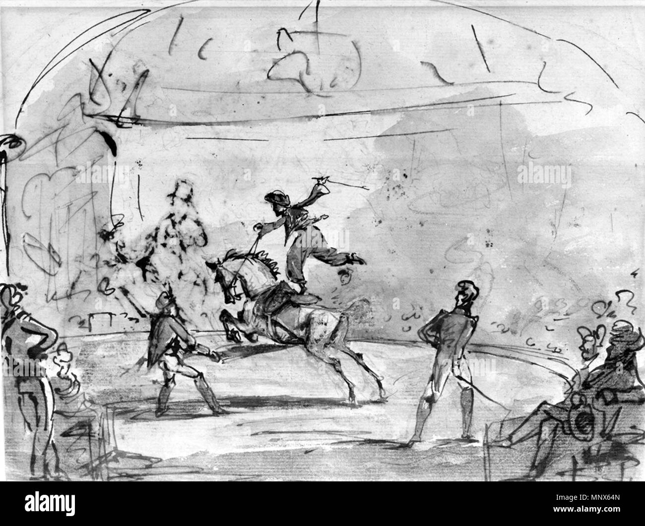 L'École d'Antoine-Charles-Horace Vernet (Carle). "Scène de cirque", 1810-1820. Brown de l'encre ferro-gallique et aquarelle avec du graphite underdrawing et corrections blanc sur bleu-blanc, modérément épais, légèrement texturé, papier vergé, des ébauches, des figures dans le graphite et Brown de l'encre ferro-gallique, verso. Walters Art Museum (37,2381) : Legs de Philip B. Perlman, 1960. L'École de 37,23811105 Antoine-Charles-Horace Vernet (Carle) - Scène de cirque - Walters 372381 Banque D'Images