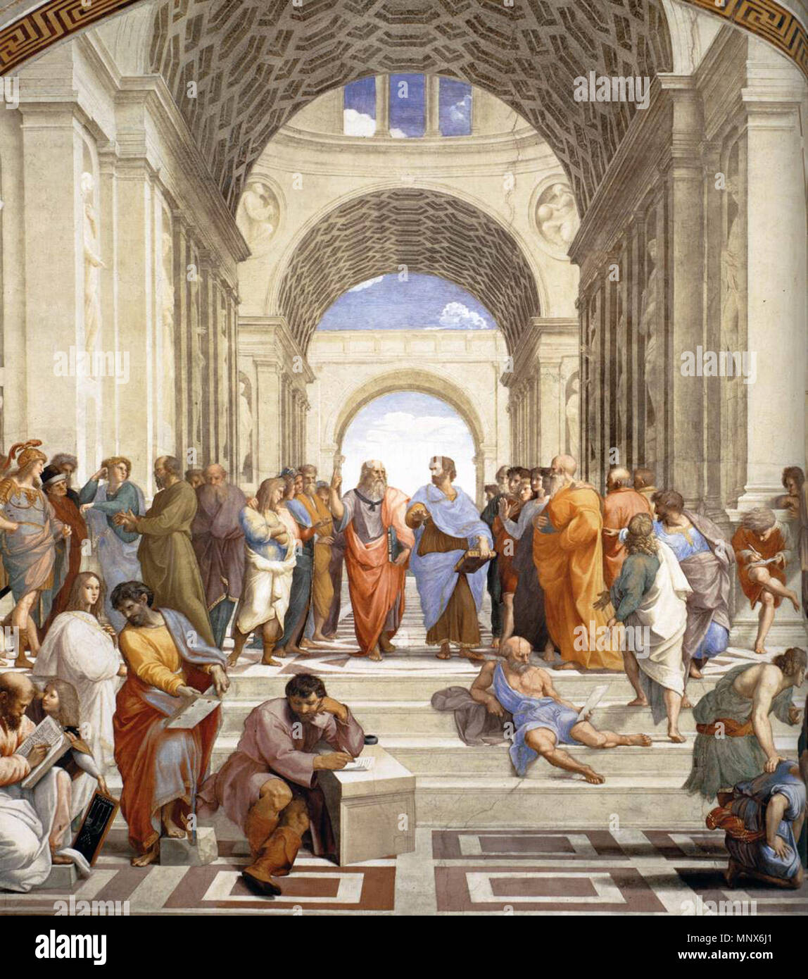 Français : L'École d'Athènes. Anglais : l'École d'Athènes. Español : La Escuela de Atenas. Italiano : Scuola di Atene. . English : Détail de la fresque monumentale réalisée par Raphaël pour le Palais du Vatican à Rome. Anglais : Détail de la fresque monumentale faite par Raphael pour palais du Vatican à Rome. Español : Detalle del monumentale fresque hecha por Rafael de Palacio Vaticano de Roma. Italiano : dell'amministrazione, fresque realizzato da Raphael par Palazzo Vaticano a Roma. . 1509. 1106 Scuola di atene 02 Banque D'Images