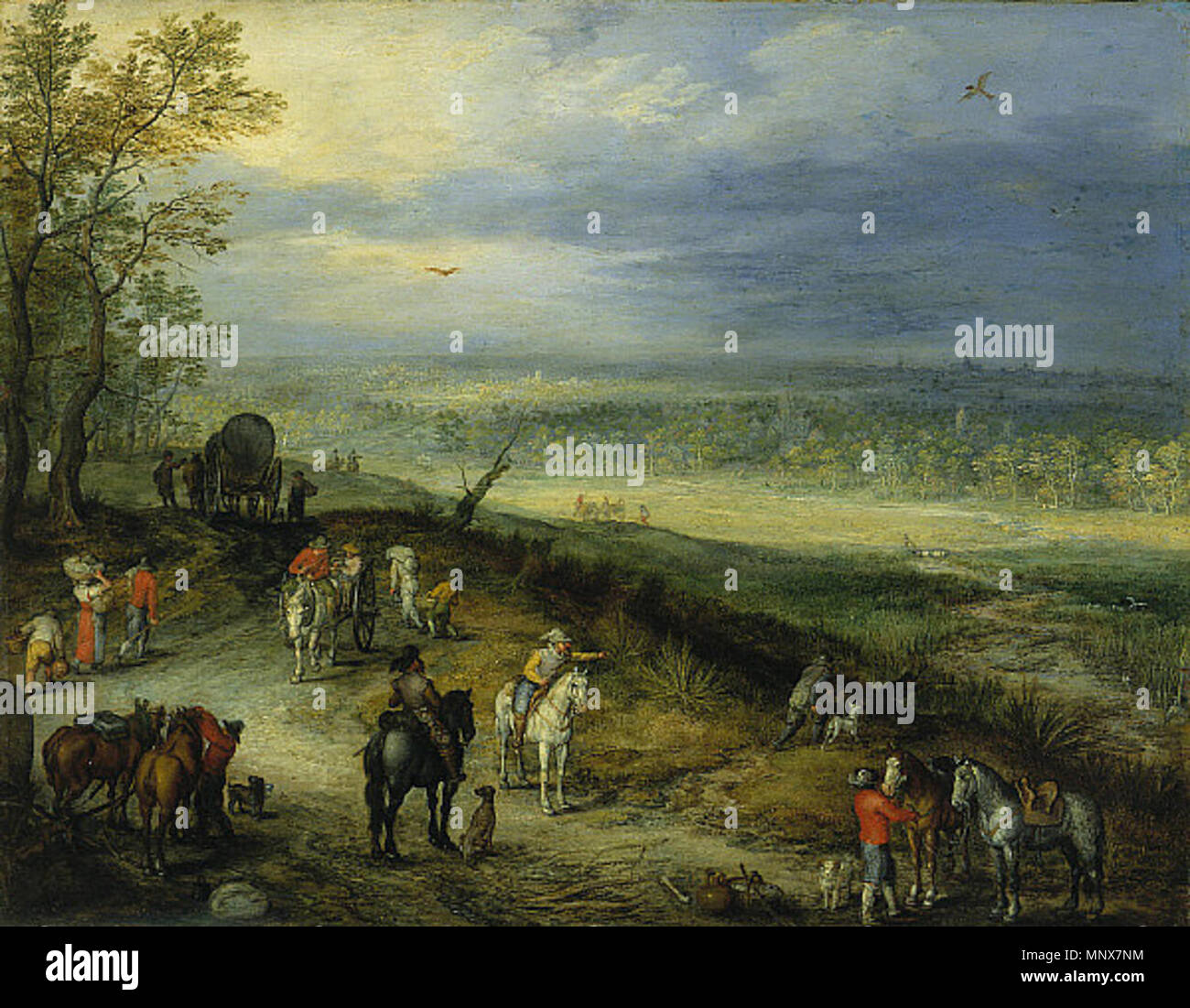 Anglais : vaste paysage avec les voyageurs sur une route de campagne vers 1608-1610. 696 Jan Brueghel l'ancien - vaste paysage avec les voyageurs sur une route de campagne Banque D'Images
