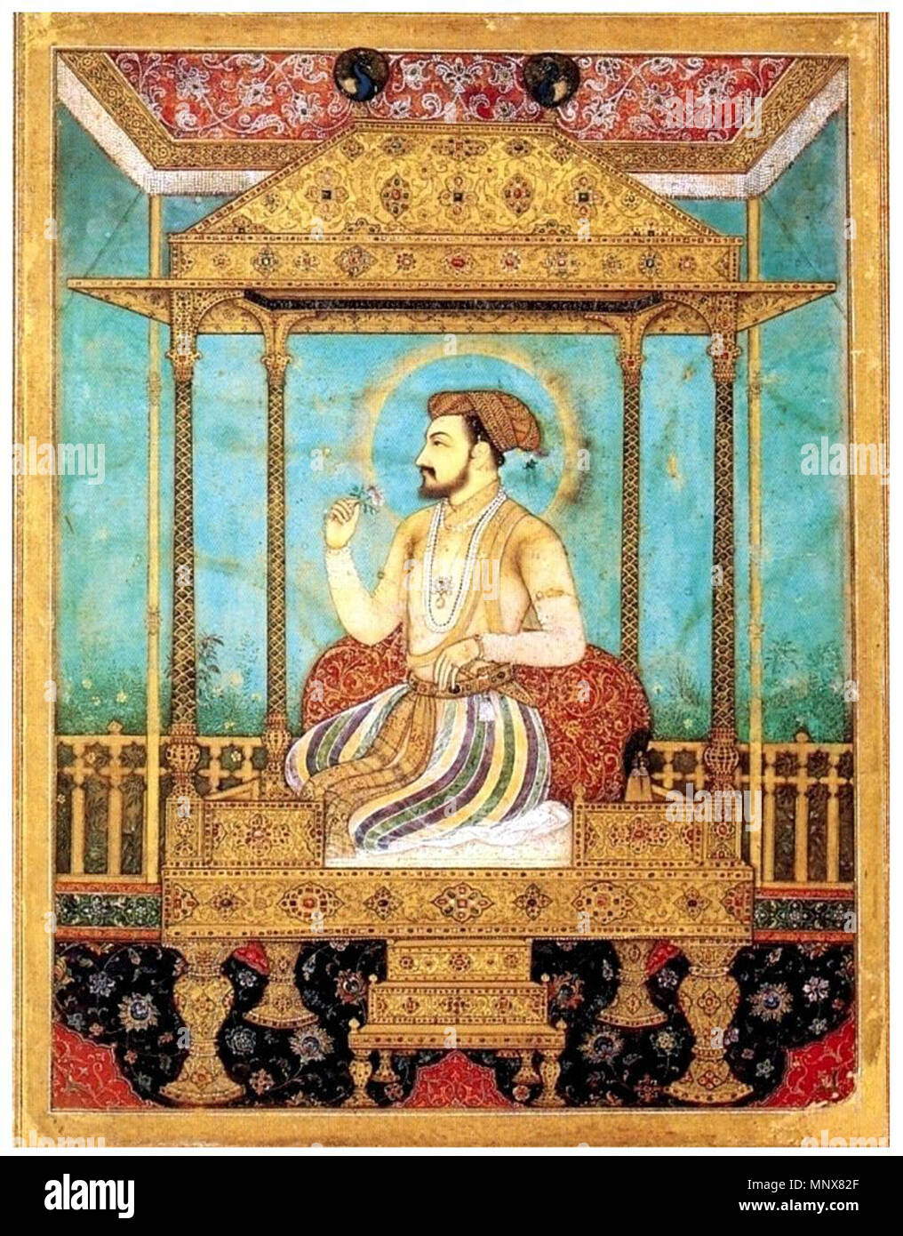 . Anglais : Portrait de Shah Jahan sur le Trône du paon( ?) . vers 1635. Govardhan( ?) 1113 Shah Jahan op de pauwentroon Banque D'Images