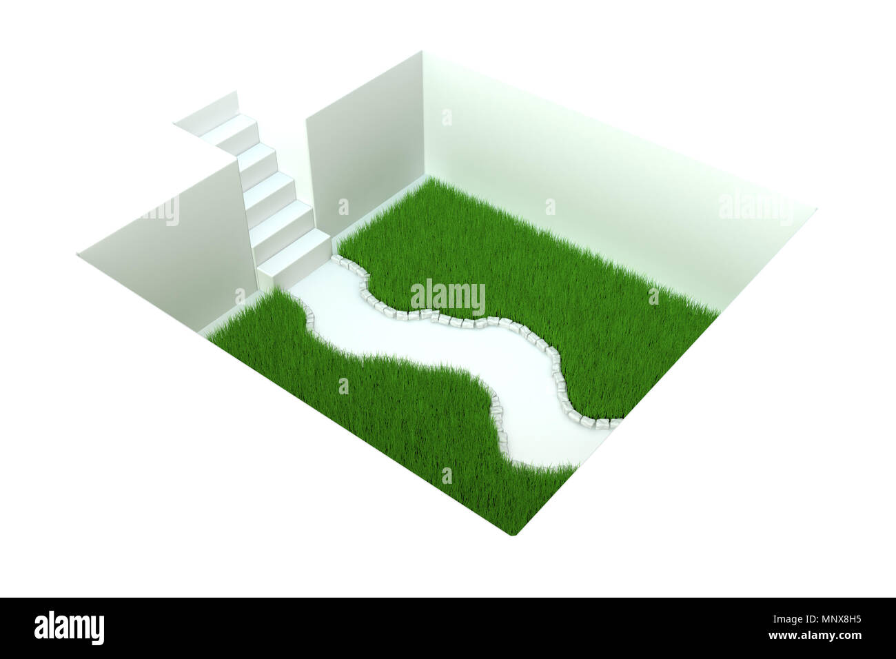 L'herbe blanche fosse avec escaliers, 3d illustration, horizontal Banque D'Images