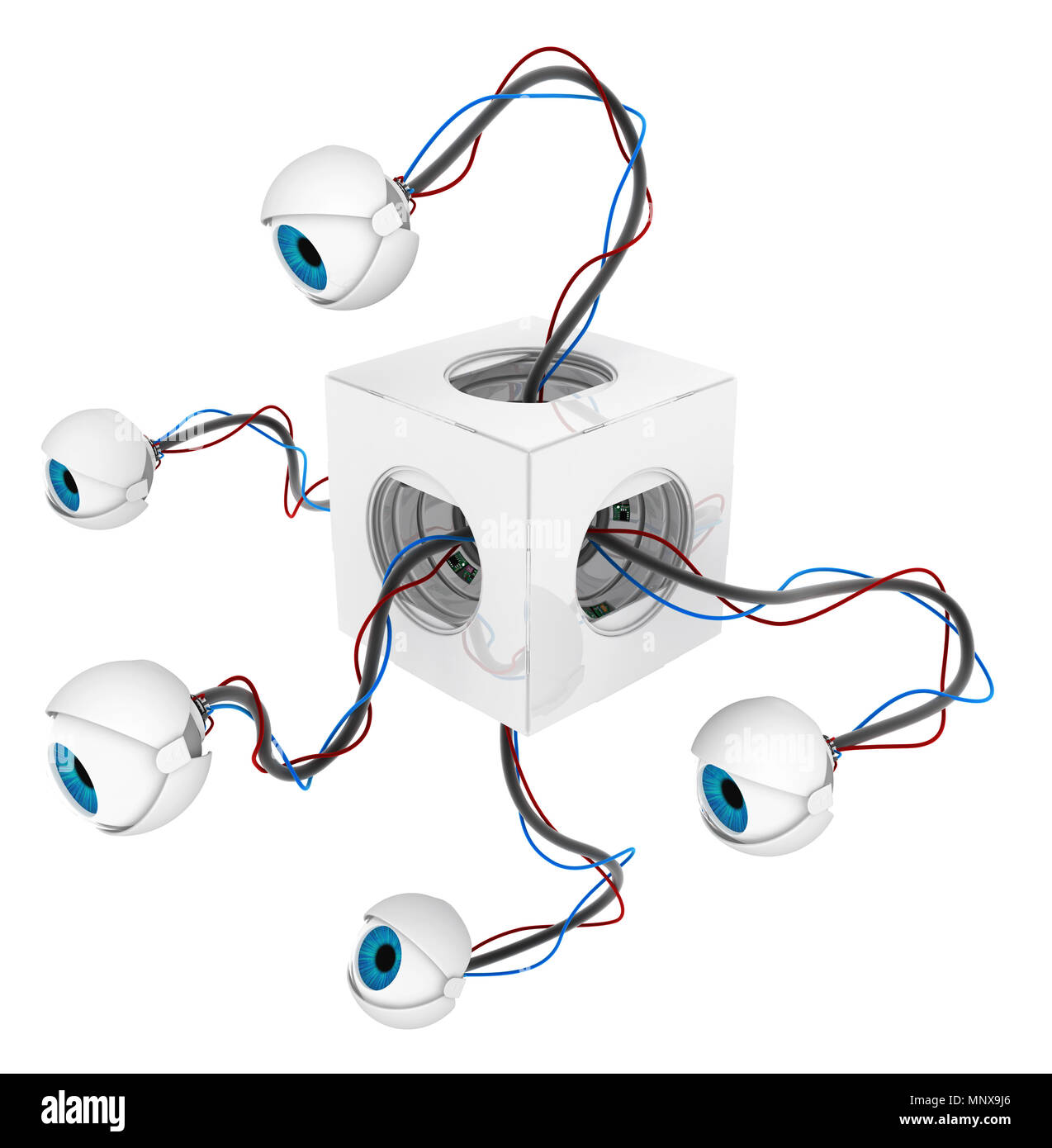 Yeux ronds robotique cachés boîte blanche 3d illustration, horizontal, sur fond blanc, isolé Banque D'Images