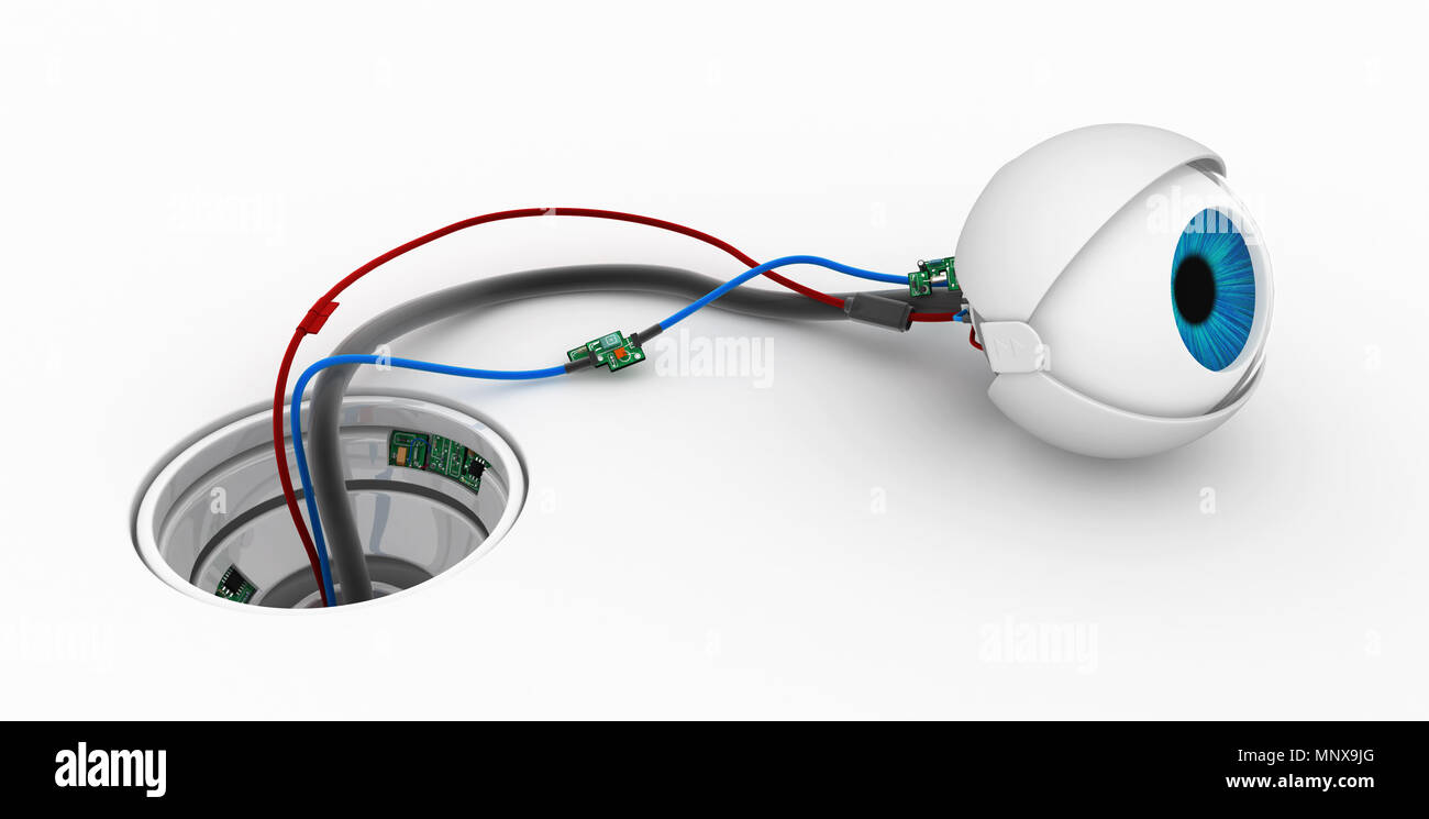 Ronde robotique eyeball surface blanche socket 3d illustration, horizontal Banque D'Images