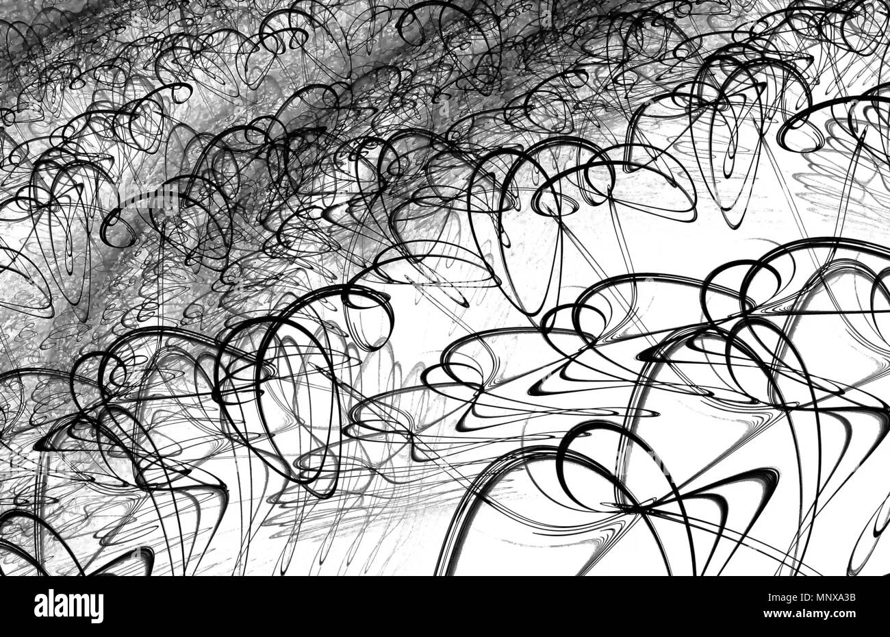 Gribouillis d'encre gris et noir, abstrait arrière-plan horizontal, sur fond blanc Banque D'Images