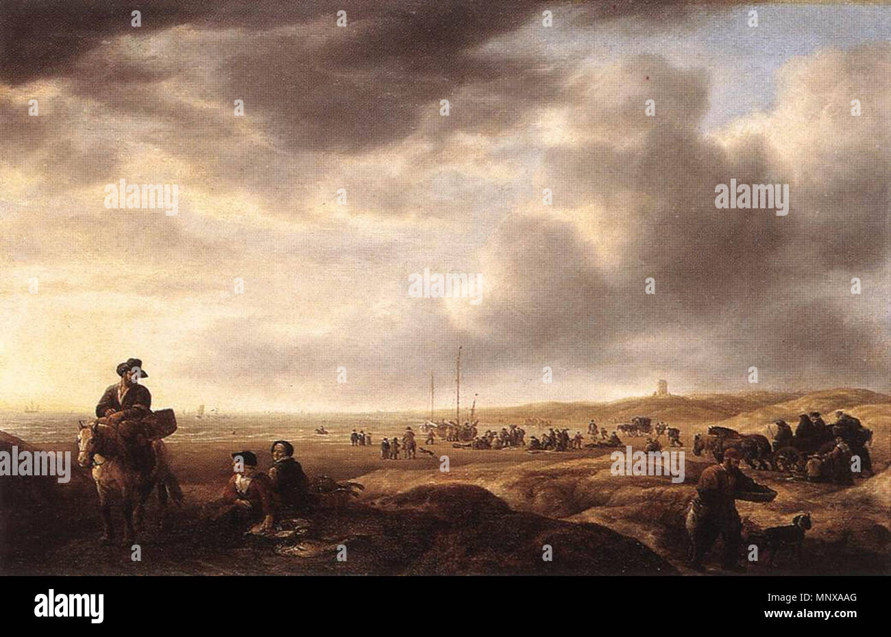 Plage près de Scheveningen avec Fish-Sellers vers 1643. 1121 Simon de Vlieger - plage près de Scheveningen avec Fish-Sellers - WGA25250 inclus Banque D'Images