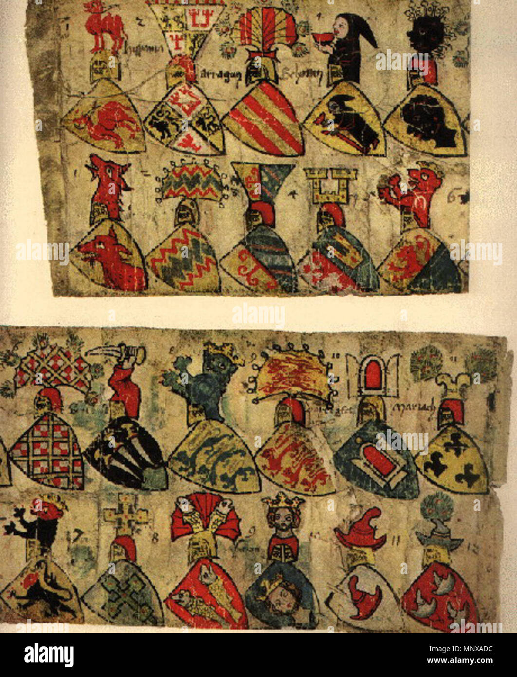 . Zürcher Wappenrolle, Pergamentstreifen J'Rückseite. 2. Hälfte VIII REGENSPVRG BistumIX, Regensburg, BistumX MVRBACH Bâle Bâle Murbach, KlosterXI KlosterXII devons Reichenau, WI.. Wien XIII PASSOW, BistumXIV CONSTENZ Passau Konstanz, Diocèse de XXII, BistumXXIII FRISANGE 85399 BistumXXIV VLMViNZ CHIEMSE, Chiemsee, BistumXXV SEGGOW Olmütz, BistumXXVI GVRGE Seckau Gurk, BistumXXVII BRIHSEN BistumXXVIII PFALLENZ Brixen, VOM RIN Pfalzgraf am Rhein . 1340. 1280 Inconnu Z wappenrolle 00 Banque D'Images