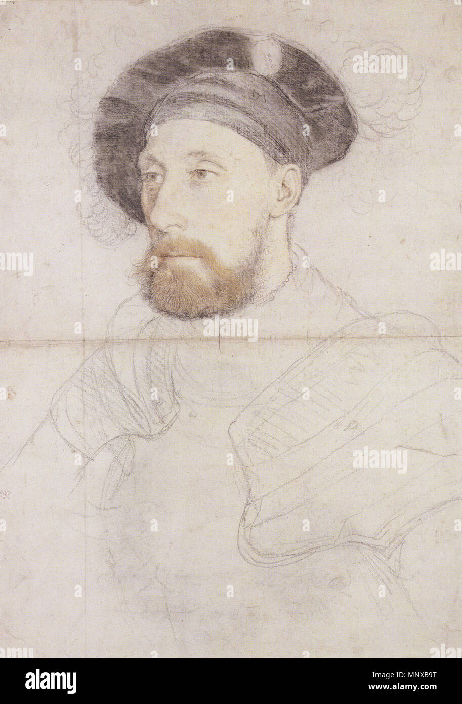 . Anglais : Portrait de Sir Nicholas Carew. Craie de couleur et noir, 54,8 × 38,5 cm, Kunstmuseum de Bâle. Sir Nicholas Carew était écuyer de Henry VIII au moment de cette étude. Il fut exécuté pour trahison en 1539. Le dessin est considéré comme un bel exemple de rédaction d'Holbein et, comme il n'a pas été coupée, de format d'origine de ses études pour les peintures à l'huile. Le portrait à l'huile de Carew au château de Drumlanrig est basé sur ce dessin ou sur une peinture perdu par Holbein. C'est pensée pour être soit par un disciple de Holbein ou d'avoir été commencé par Holbein et terminé par une autre main ( Banque D'Images