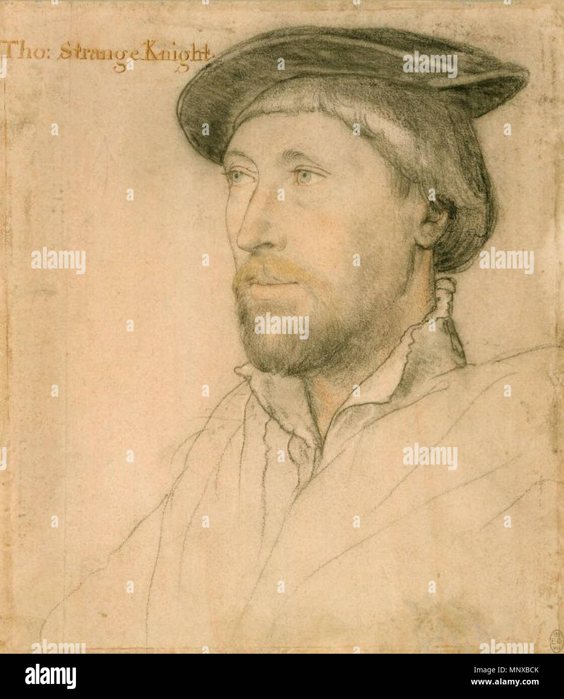 . Anglais : Portrait de Sir Thomas Strange de Hunstanton. Les craies de couleur et noir sur papier rose-apprêté, 24,4 × 21,2 cm, Collection royale, le château de Windsor. Certaines lignes ont été travaillé par des mains plus tard. Sir Thomas étrange ou le Strange (1494-1545) a été nommé shérif du comté de Norfolk, de son domicile, en 1532. En 1536, avant la dissolution des monastères, il enquête sur les revenus de l'abbaye de Walsingham avec Sir Richard Southwell, que Holbein a également appelé et peint. Son beau-frère a été Thomas Vaux, 2 Baron Vaux d'Harrowden, que Holbein a appelé deux fois, avec les cheveux longs et avec sh Banque D'Images