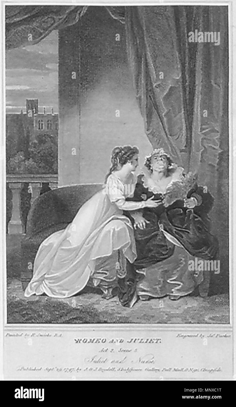 . Acte II, scène 5 : Juliette implorant son infirmière . 1797. gravure de James Parker (1750-1805) après la peinture par Robert Smirke (1752-1845) 1128 Smirke-JulietInfirmière Banque D'Images