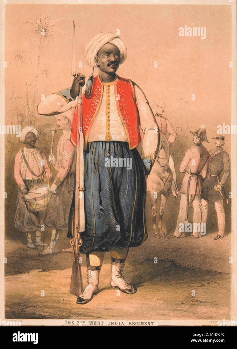 . Anglais : soldat du 3e Régiment de l'ouest de l'Inde, 1863. Lithographie en couleur par M. & N. Hanhart, après J. Brandard, publié en 1863. Contrairement à la plupart des unités coloniales, le Régiment dans l'ouest de l'Inde a fait partie intégrante de l'armée régulière britannique. Au cours des années 1850, il a adopté un uniforme fondé sur celui de la French Zouaves. Cela comprenait un fez rouge sur la plaie par un turban blanc, une veste sans manches rouge avec tressage jaune porté par-dessus une chemise à manches longues, blanc et bleu foncé pantalon baggy. Le 3e Régiment de l'ouest de l'Inde a été dissoute en 1870. La collection du Musée de l'armée nationale, Londres : NAM Numéro 2000-09 Banque D'Images