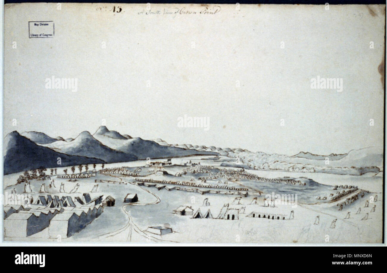 Anglais : une vue du sud de Crown Point . Anglais : une vue du sud de Crown Point. Davies, Thomas, ca. 1737-1812, l'artiste. Date de création/publication : [1760] moyen : 1 dessin : gris, noir et laver l'encre sépia. Library of Congress Prints and Photographs Division Washington, D.C. . 1760. 1134 Vue du sud de crown point 1760 Banque D'Images