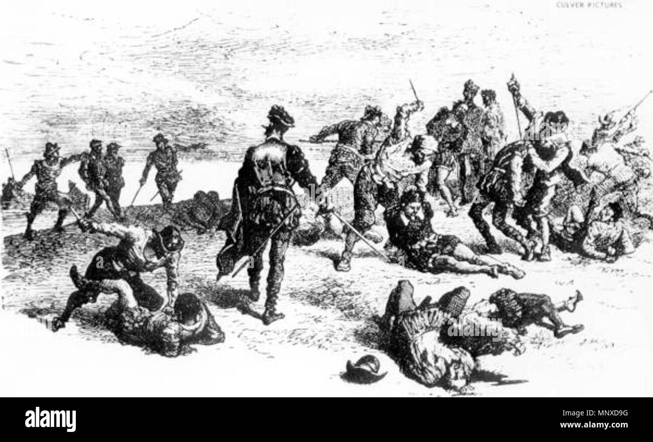 . English : c'était samedi, le 29 septembre, fête de saint Michel ; le soleil était déjà couché quand les Français atteint la marque tracée dans le sable à proximité des rives de la lagune, et les ordres de Menéndez à tuer les Huguenots ont été exécutés. 18 mars 2014, 21:29:20. Inconnu 1134 abattage Huguenots Français Espagnol Banque D'Images