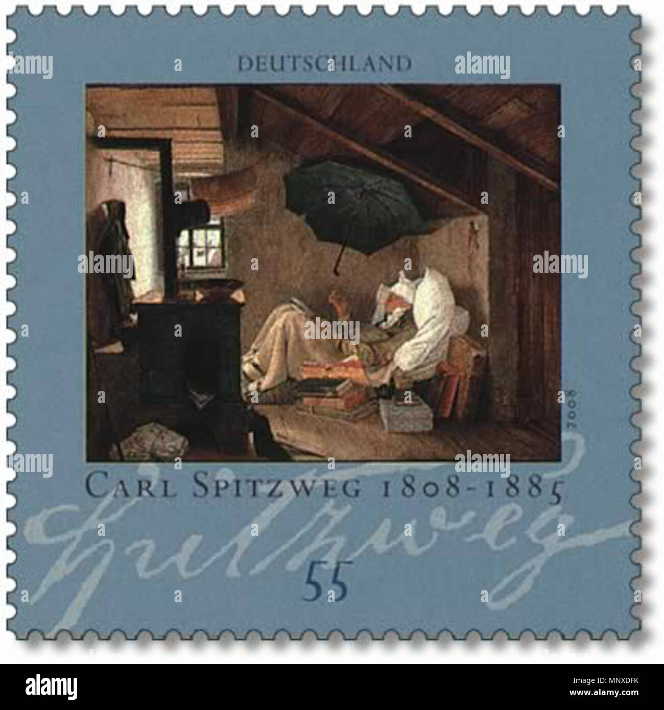Le pauvre poète . Stamp description / Briefmarkenbeschreibung Gedenkmarke : Deutsch, zum 200. Geburtstag von Carl Spitzweg, Maler (1808-1885) English : stamp pour les 200 ans de la naissance de Carl Spitzweg, peintre (1808-1885) Motiv : Der arme Poet Ausgabepreis : 55 100 . Février 2008. 1135 Safe 2008 Carl Spitzweg Banque D'Images