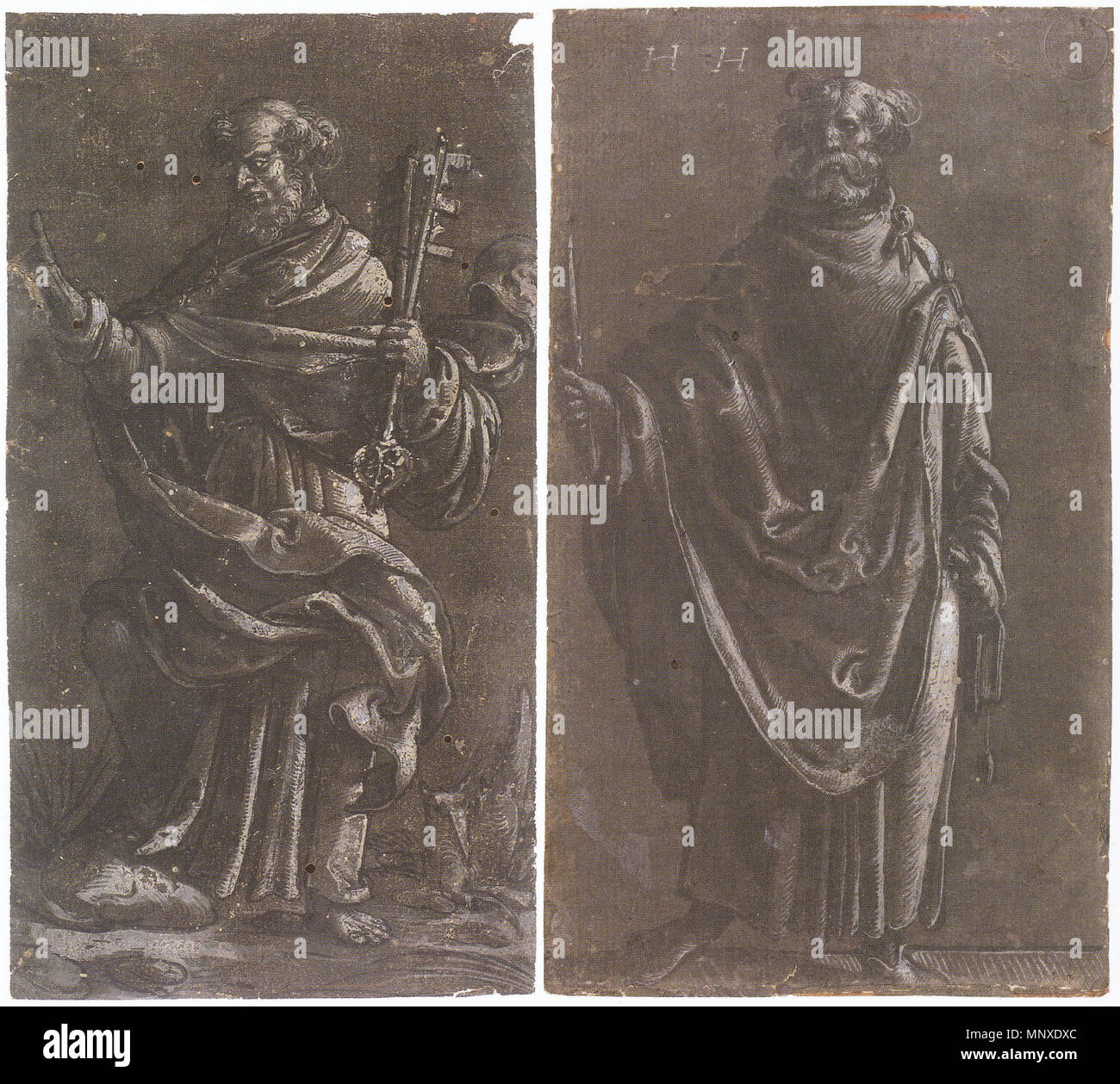 . Anglais : dessins de clair-obscur de Saint Pierre et de Saint Barthélémy. Encre et plume et pinceau, gris blanc, lavage, surélévation sur papier préparé gris-brun, Musée des Beaux-Arts, Lille. St Peter, 17,7 × 9,5 cm St Bartholomew, 17,8 × 10,2 cm ces deux feuilles sont d'un groupe connu sous le nom de 'Lille apôtres'. Huit dessins de clair-obscur ont survécu, six ont signé HH et trois en date du 1518. Au cours de cette année, Holbein était vivant et travaillant à Lucerne, Suisse. Le but de ces dessins est inconnue, mais les dessins des apôtres étaient populaires dans la région du Rhin inférieur dans le temps, et Holbein ces peut avoir été Banque D'Images