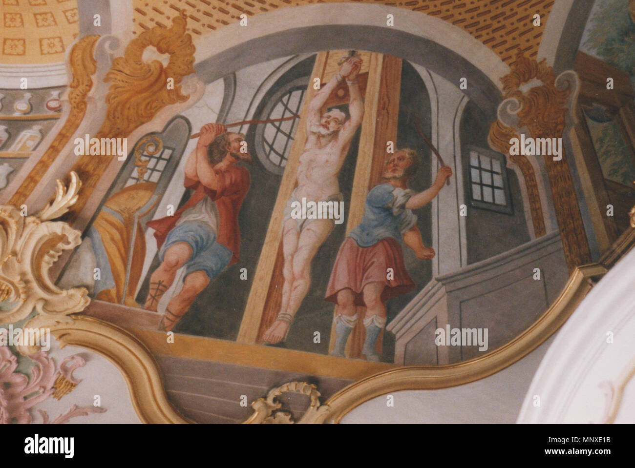 . Saint Blasius (Engetried Deckenfresko -) - St.-Blasius-Zyklus : Blasius wird geschlagen und gefoltert (1757) . 5 août 1999. Anton Joseph Walch (1712-1773), photographié par Hermetiker Engetried 1137 St. Blasius (06) Fresko Banque D'Images